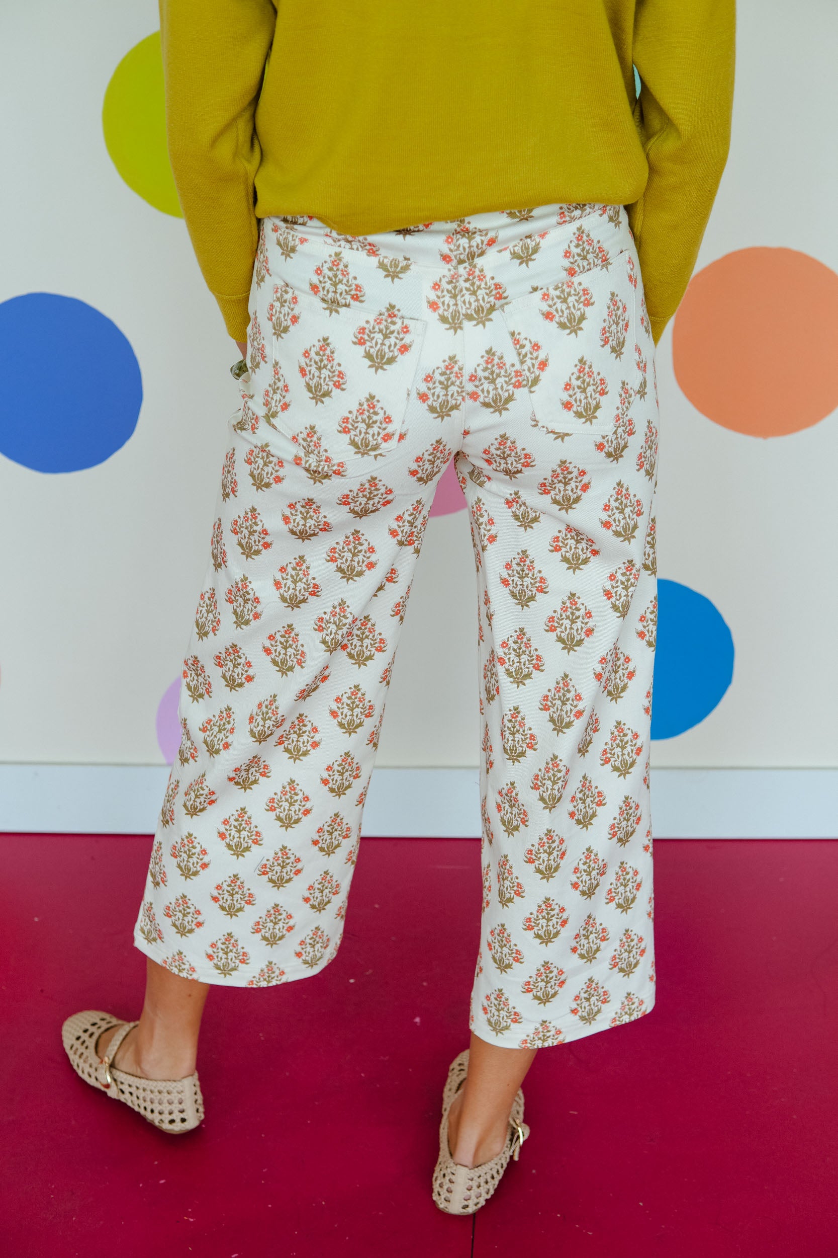Tatum Printed Wide Leg Pants - Cream + Olive + Coral