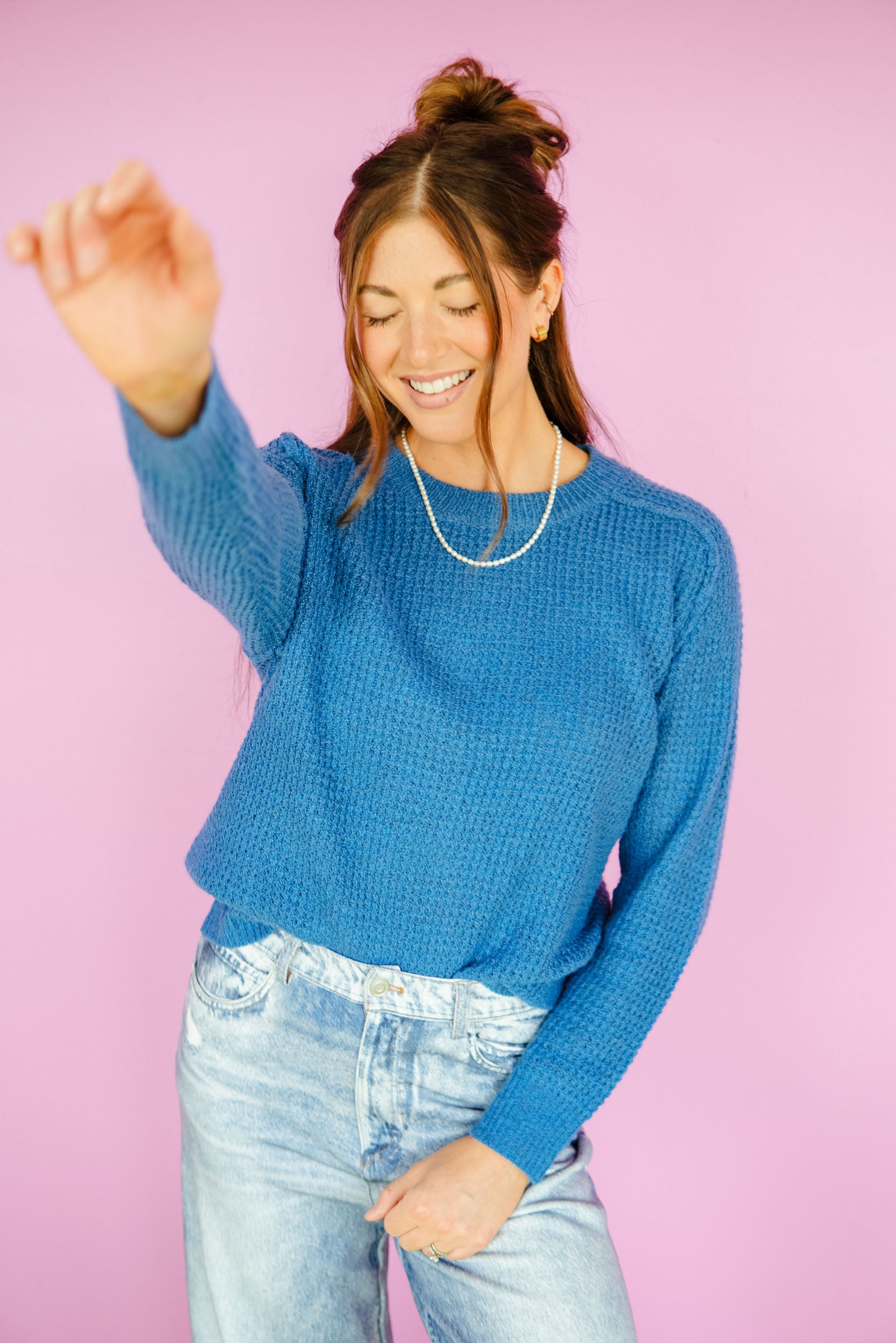 Margot Waffle Raglan Sweater - Summer Blue