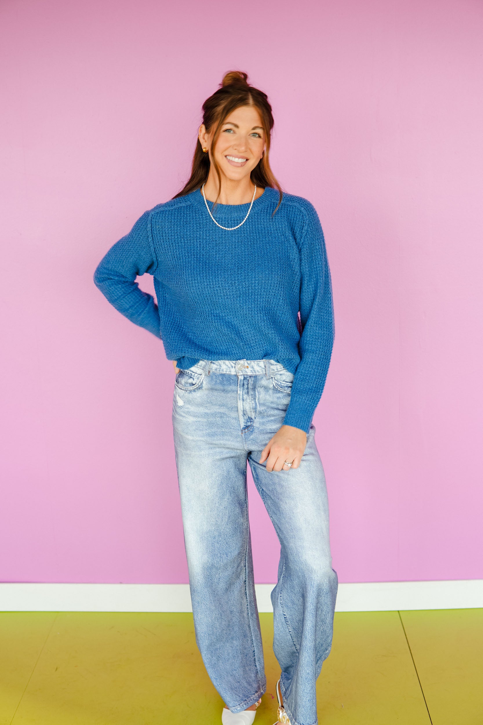 Margot Waffle Raglan Sweater - Summer Blue