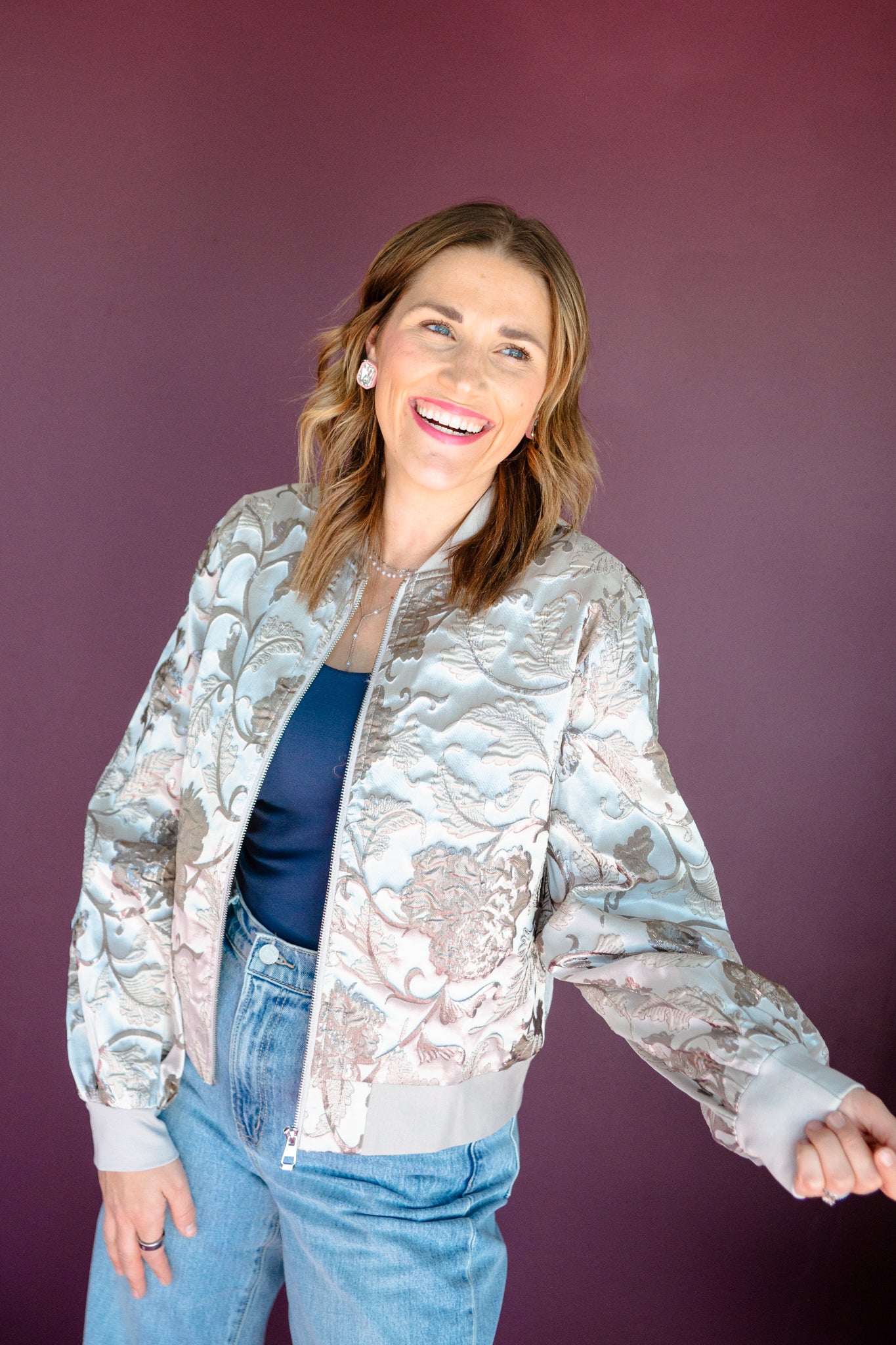 Brittney Jacquard Bomber Jacket - Silver + Rose Brown + Stone