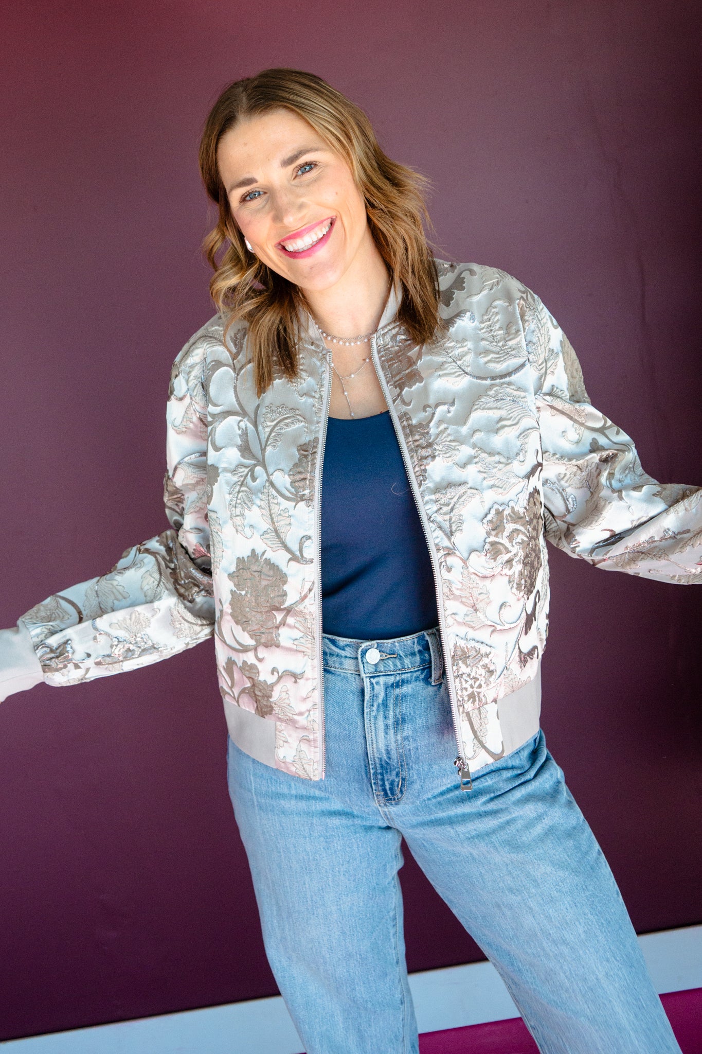Brittney Jacquard Bomber Jacket - Silver + Rose Brown + Stone