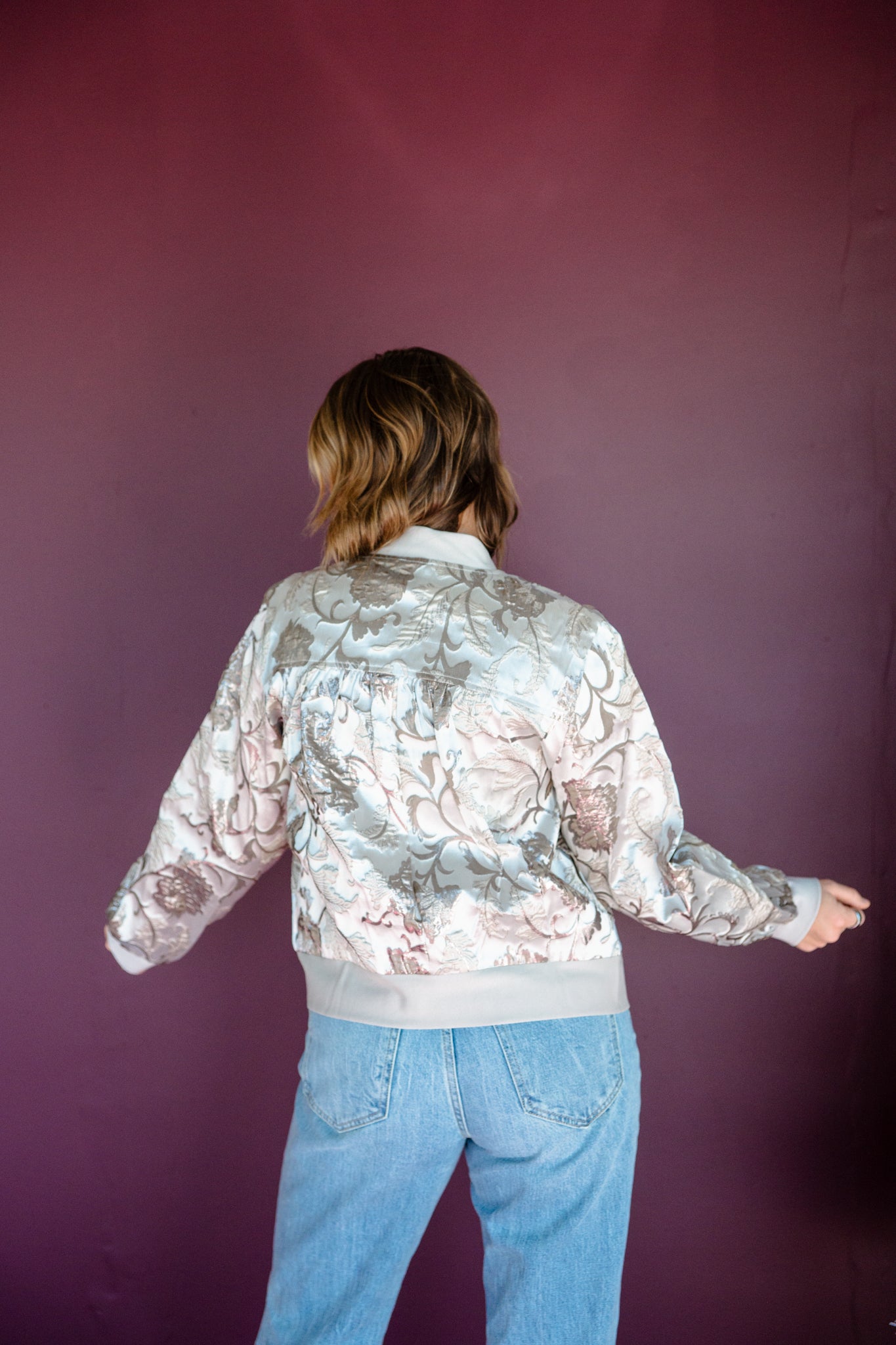 Brittney Jacquard Bomber Jacket - Silver + Rose Brown + Stone