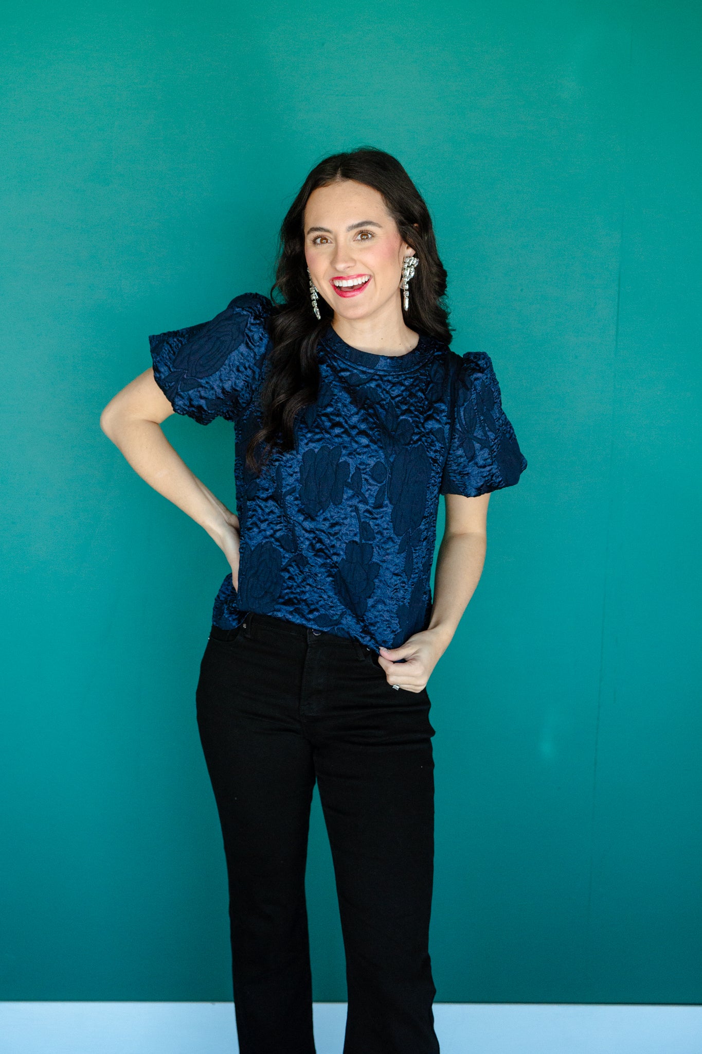 Journee Textured Blouse - Dark Navy