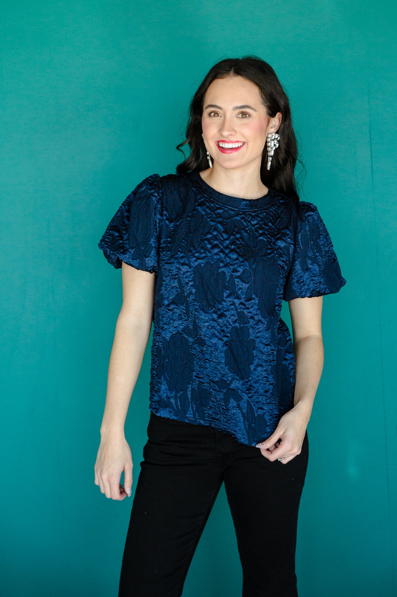 Journee Textured Blouse - Dark Navy