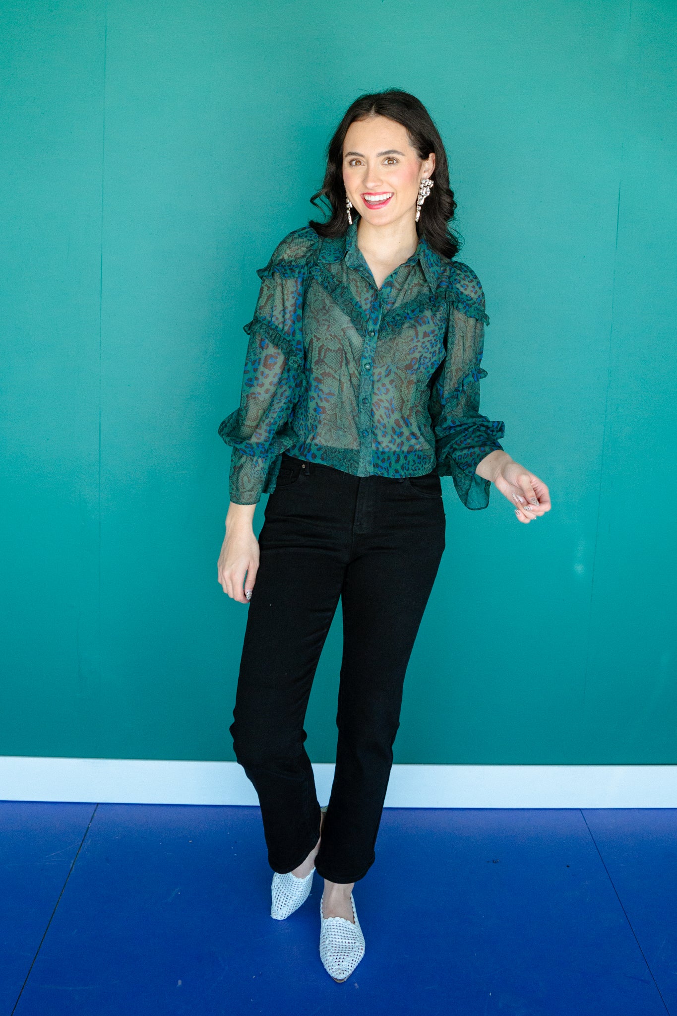 Oakley Green Ruffle Blouse - Pine + Black