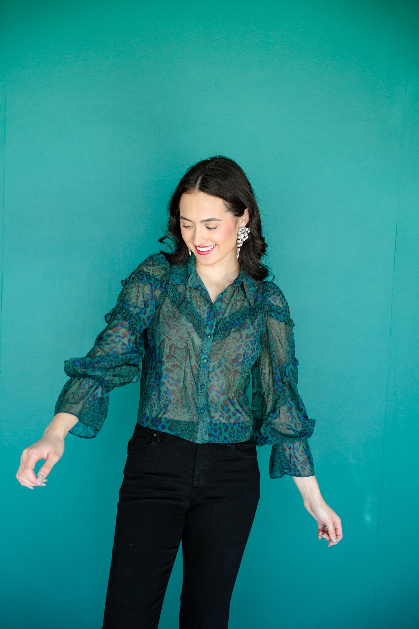 Oakley Green Ruffle Blouse - Pine + Black