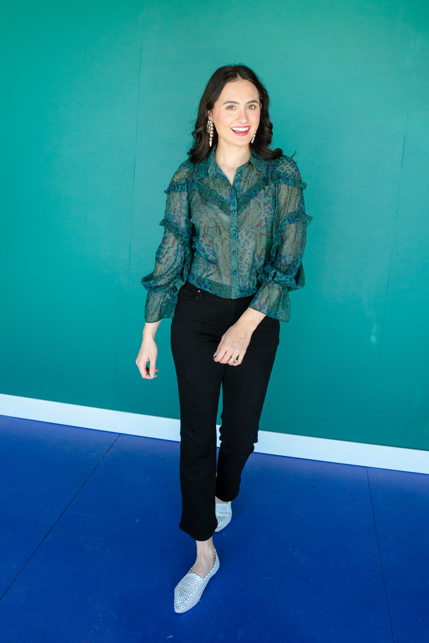 Oakley Green Ruffle Blouse - Pine + Black