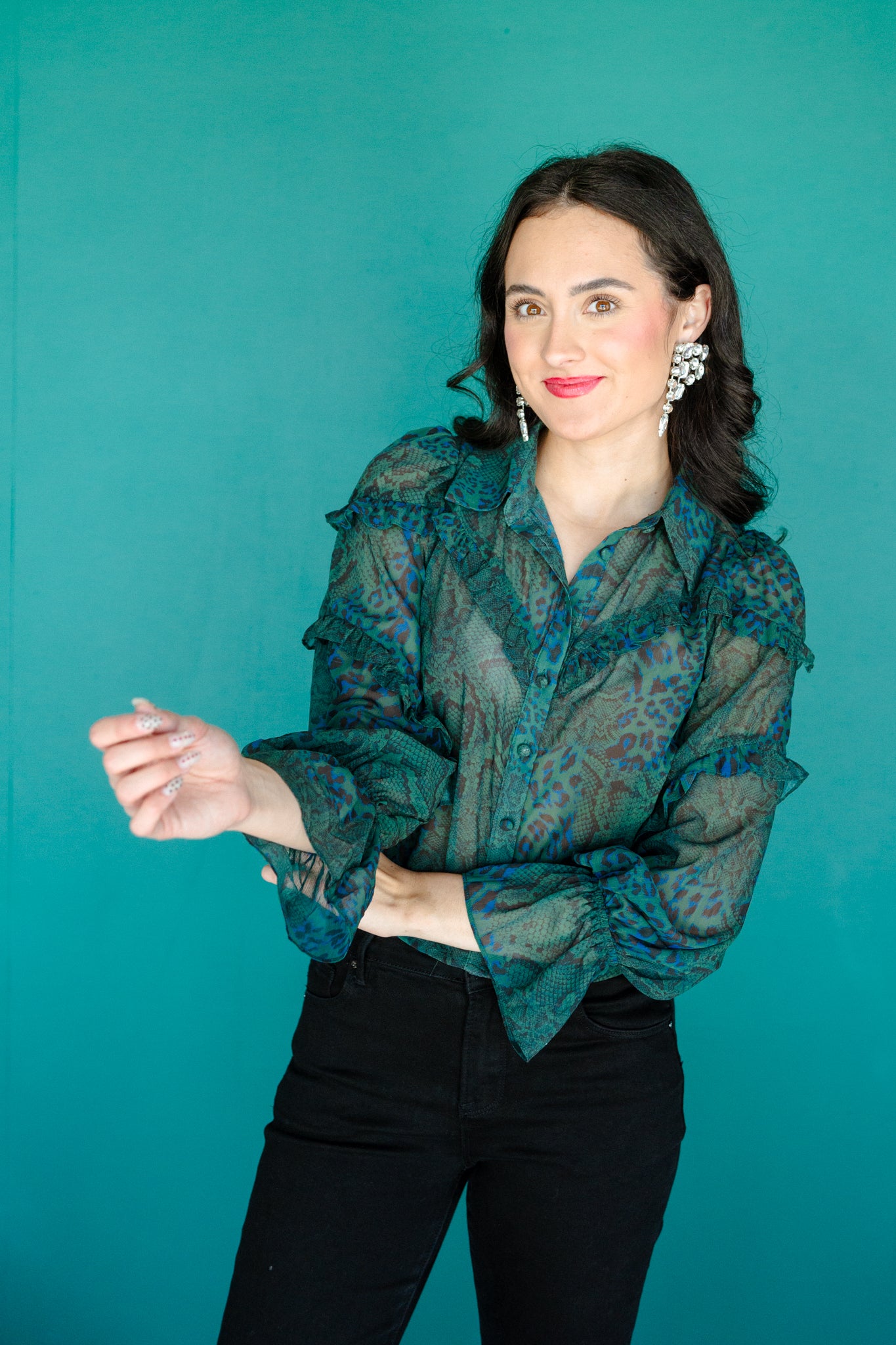 Oakley Green Ruffle Blouse - Pine + Black