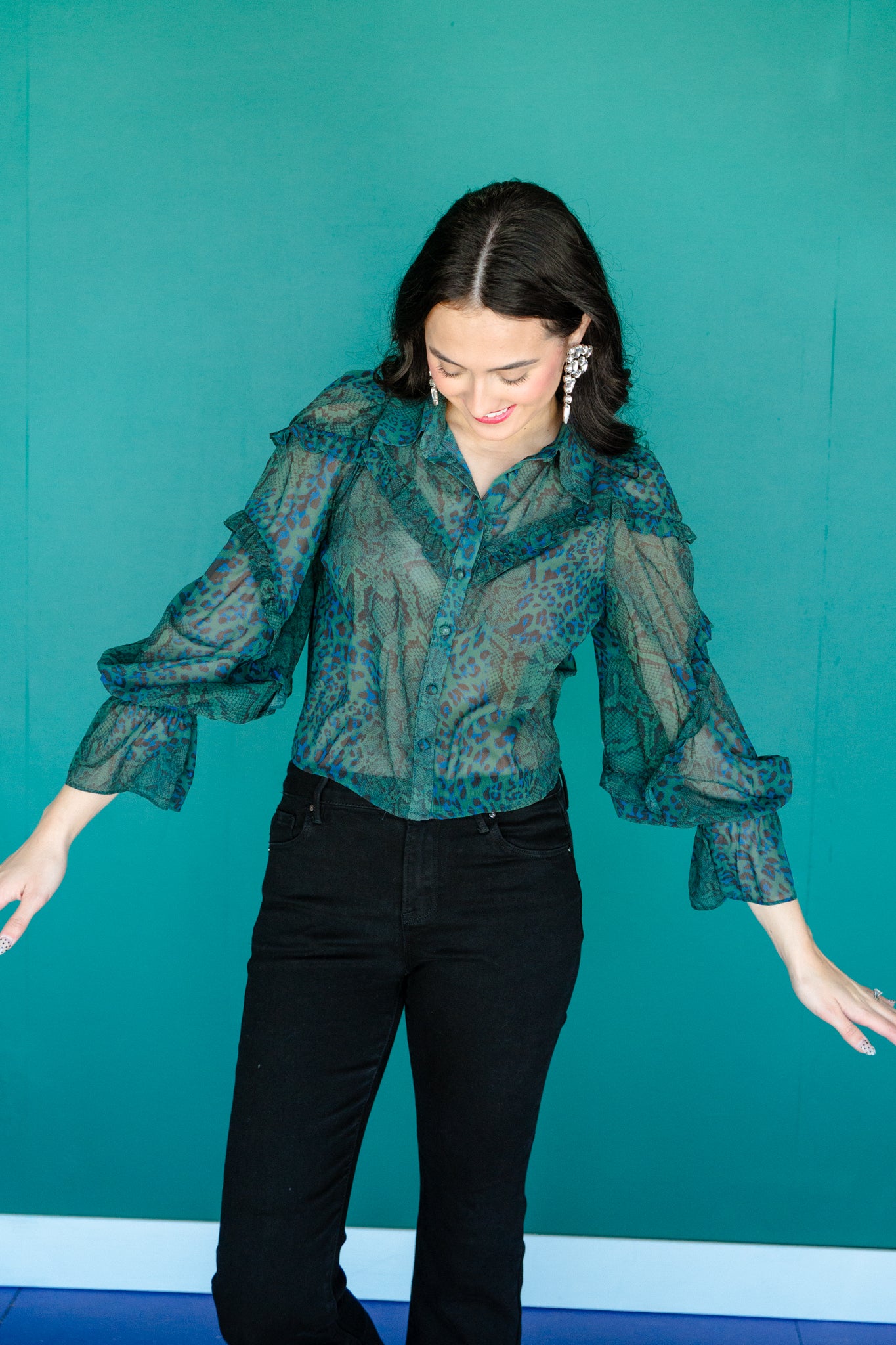 Oakley Green Ruffle Blouse - Pine + Black