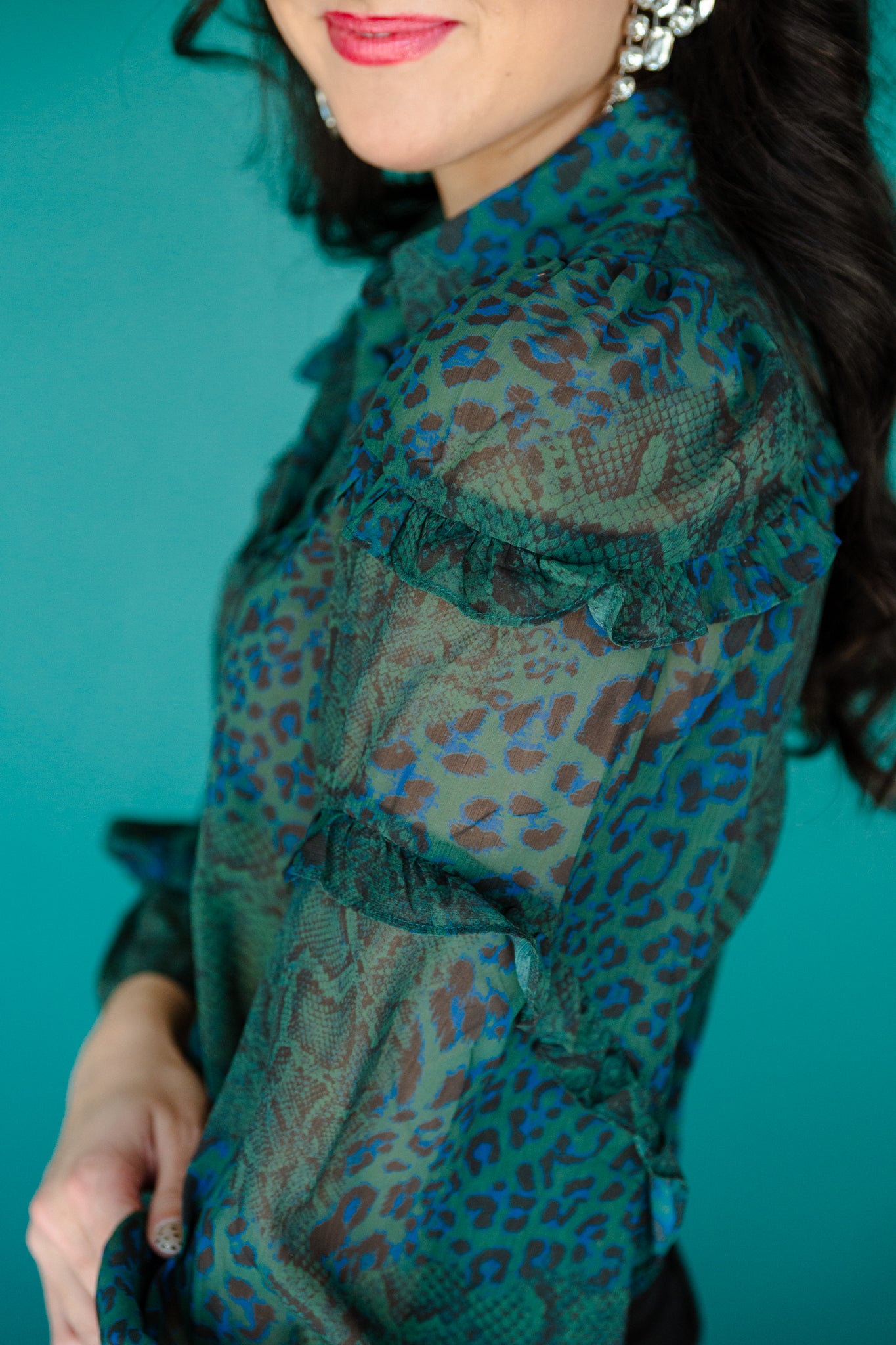 Oakley Green Ruffle Blouse - Pine + Black