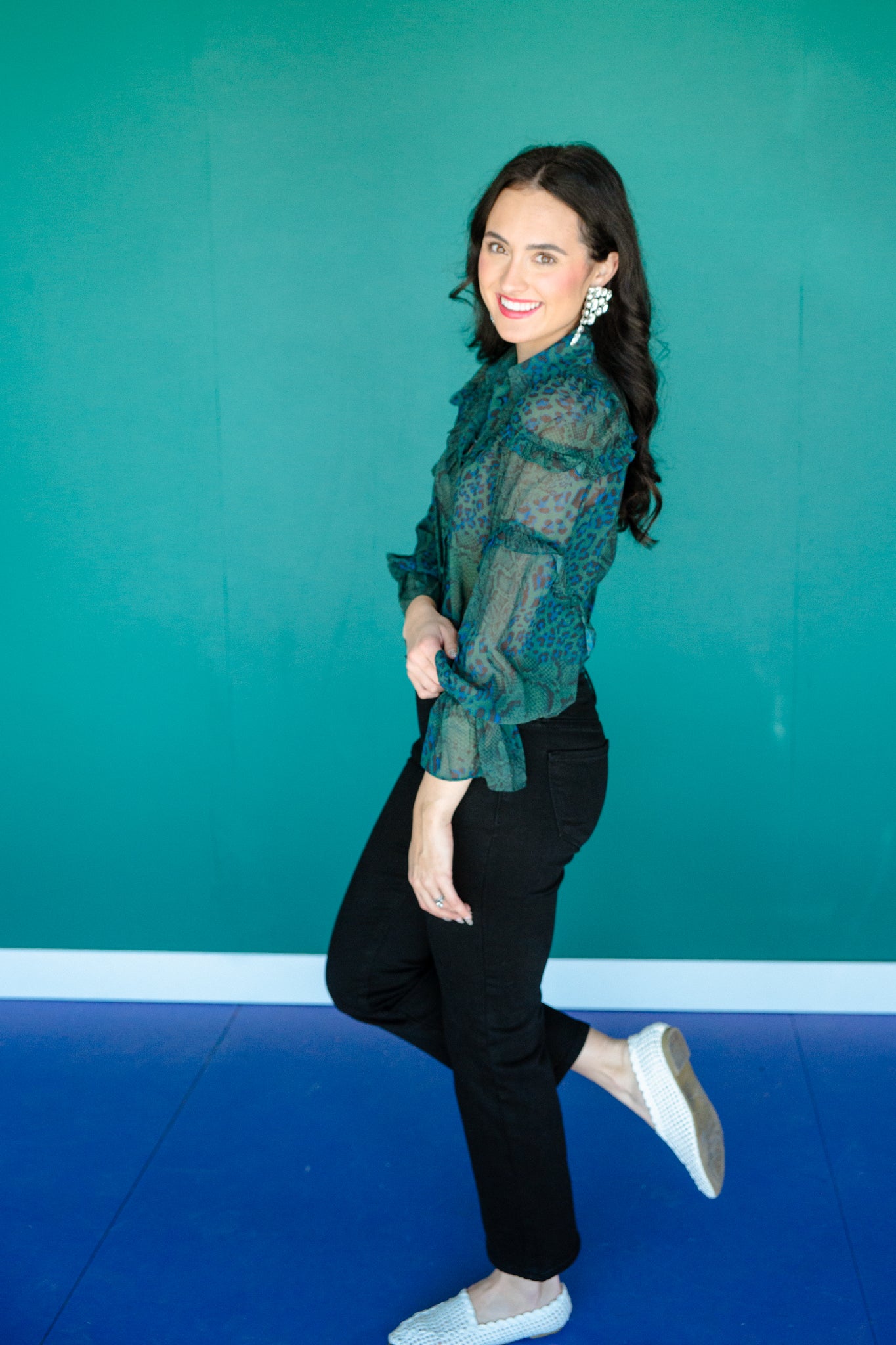 Oakley Green Ruffle Blouse - Pine + Black