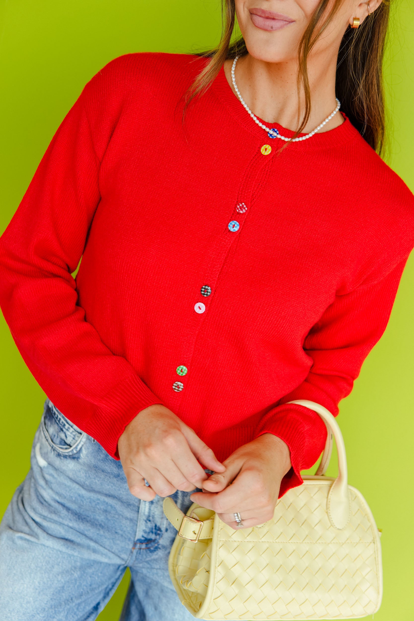 Ruby Rainbow Button Cardigan - True Red