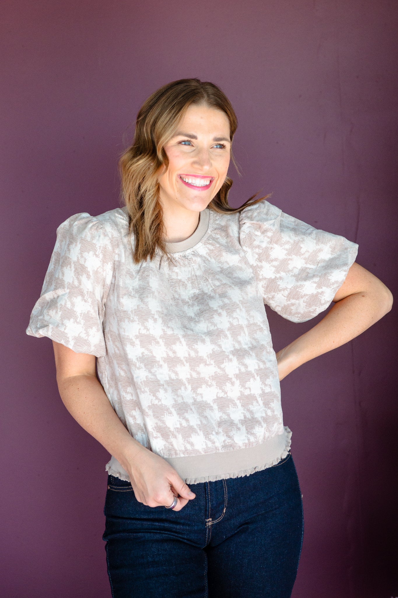 Charla Puff Sleeve Blouse - Mushroom + Soft White