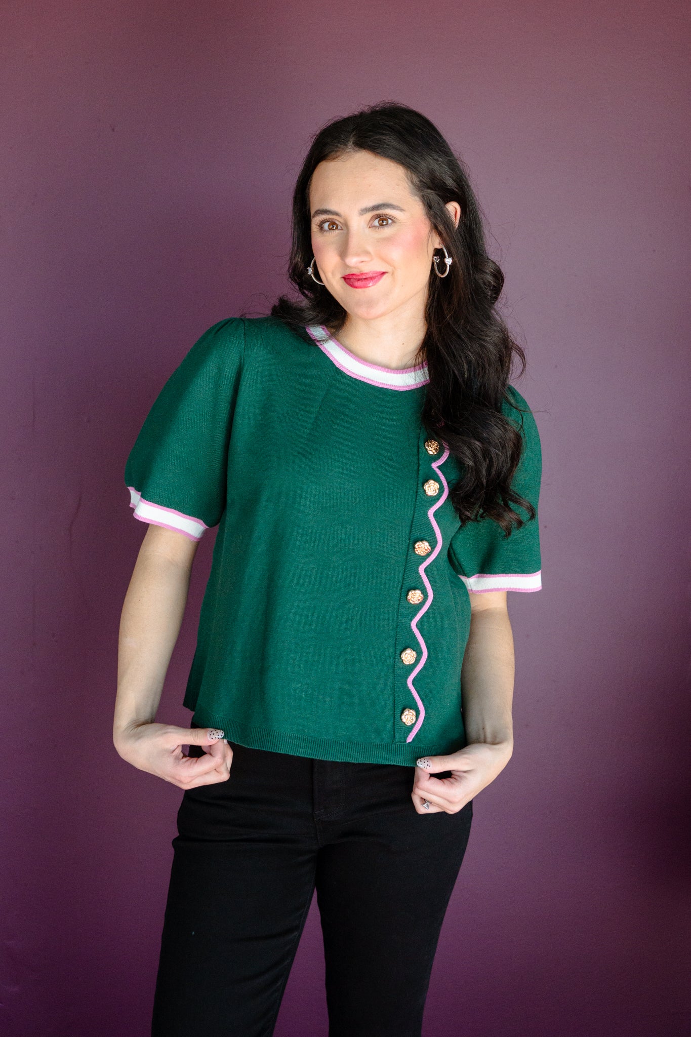 Ainsley Button Detail Top - Pine/Forest Green