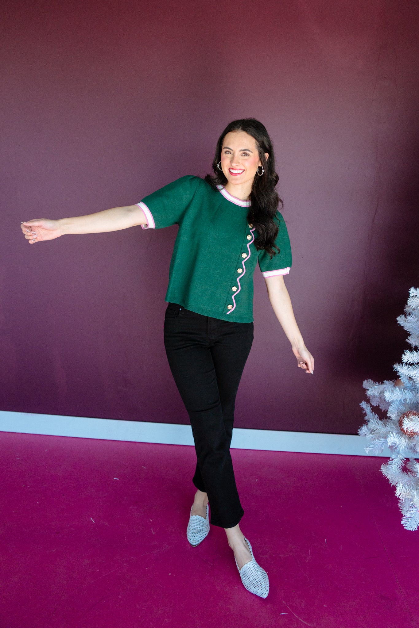 Ainsley Button Detail Top - Pine/Forest Green