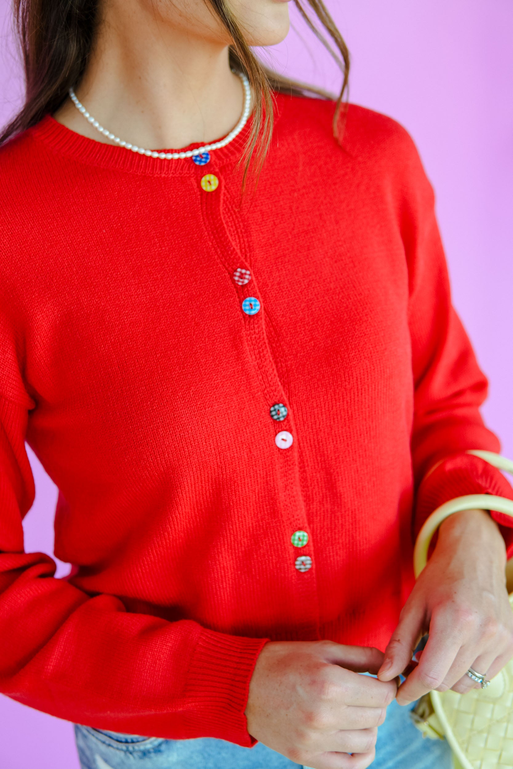 Ruby Rainbow Button Cardigan - True Red