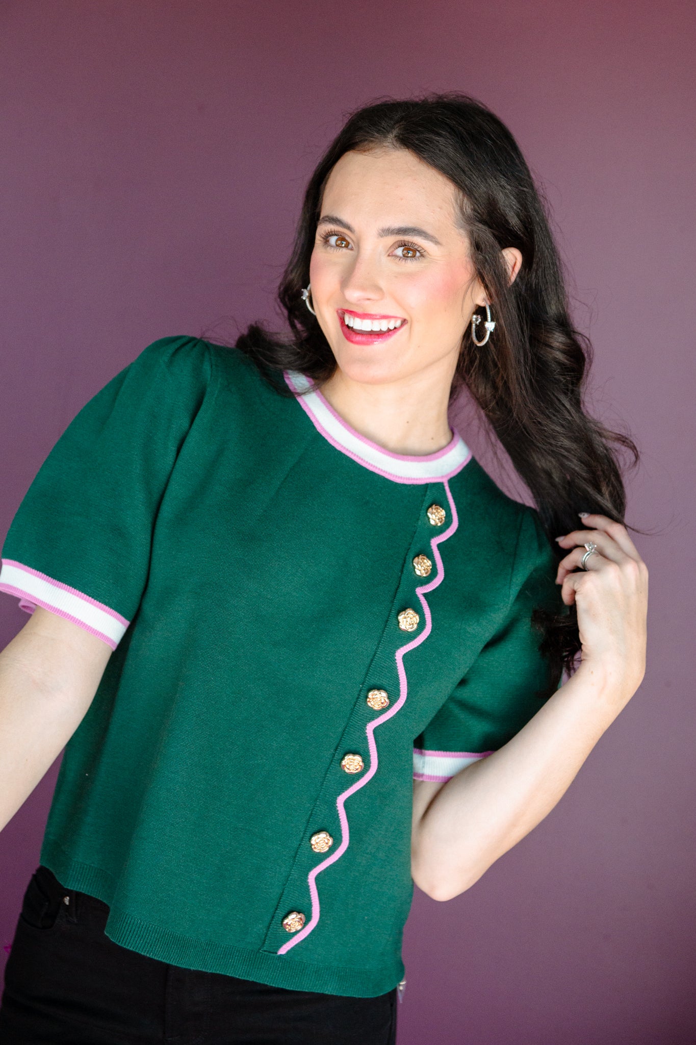 Ainsley Button Detail Top - Pine/Forest Green