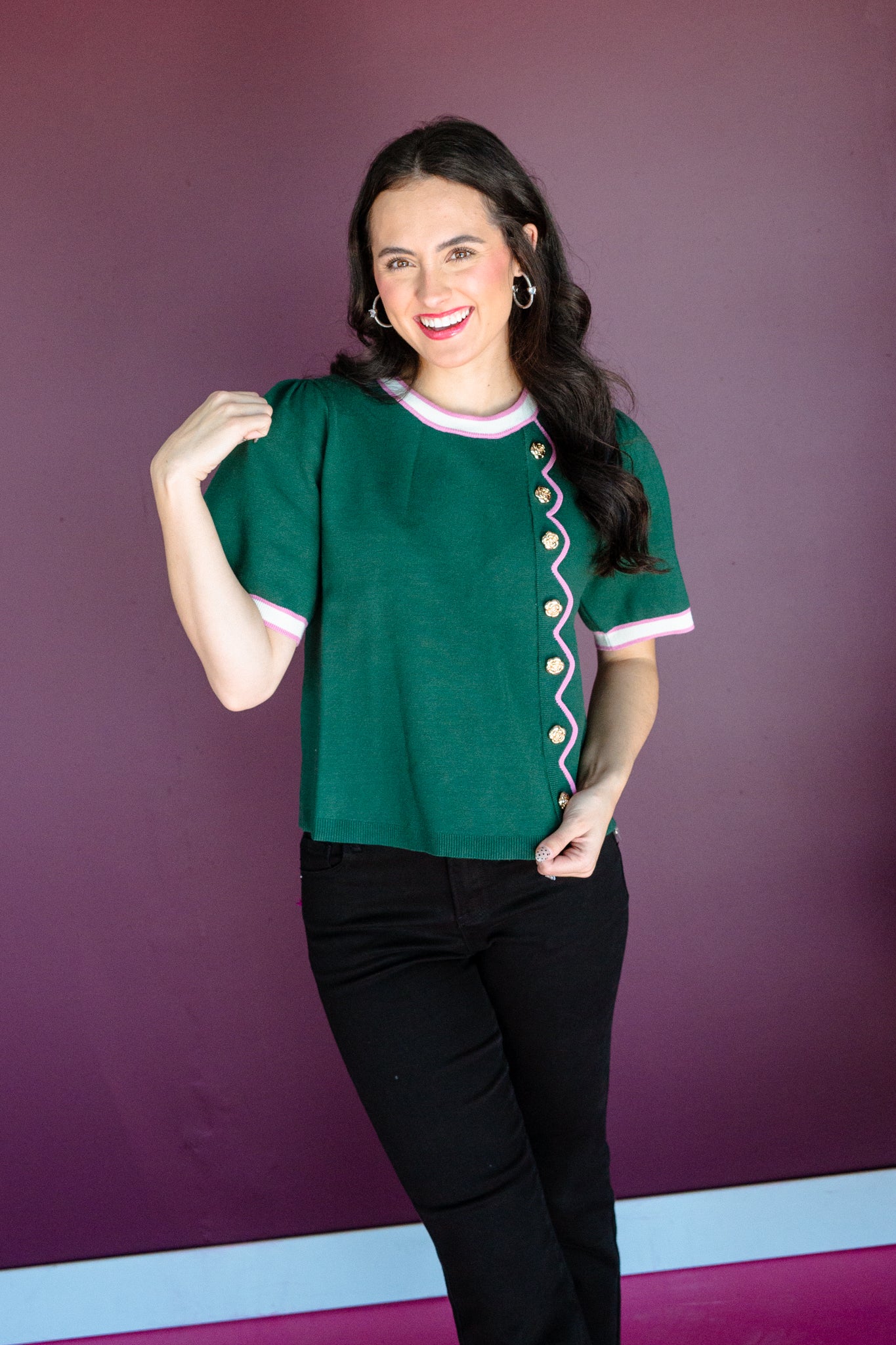 Ainsley Button Detail Top - Pine/Forest Green