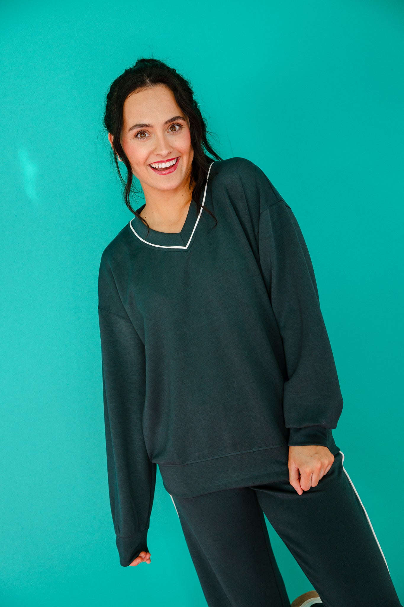 Kessley V-Neck Pullover and Pant Set - Dark Pine