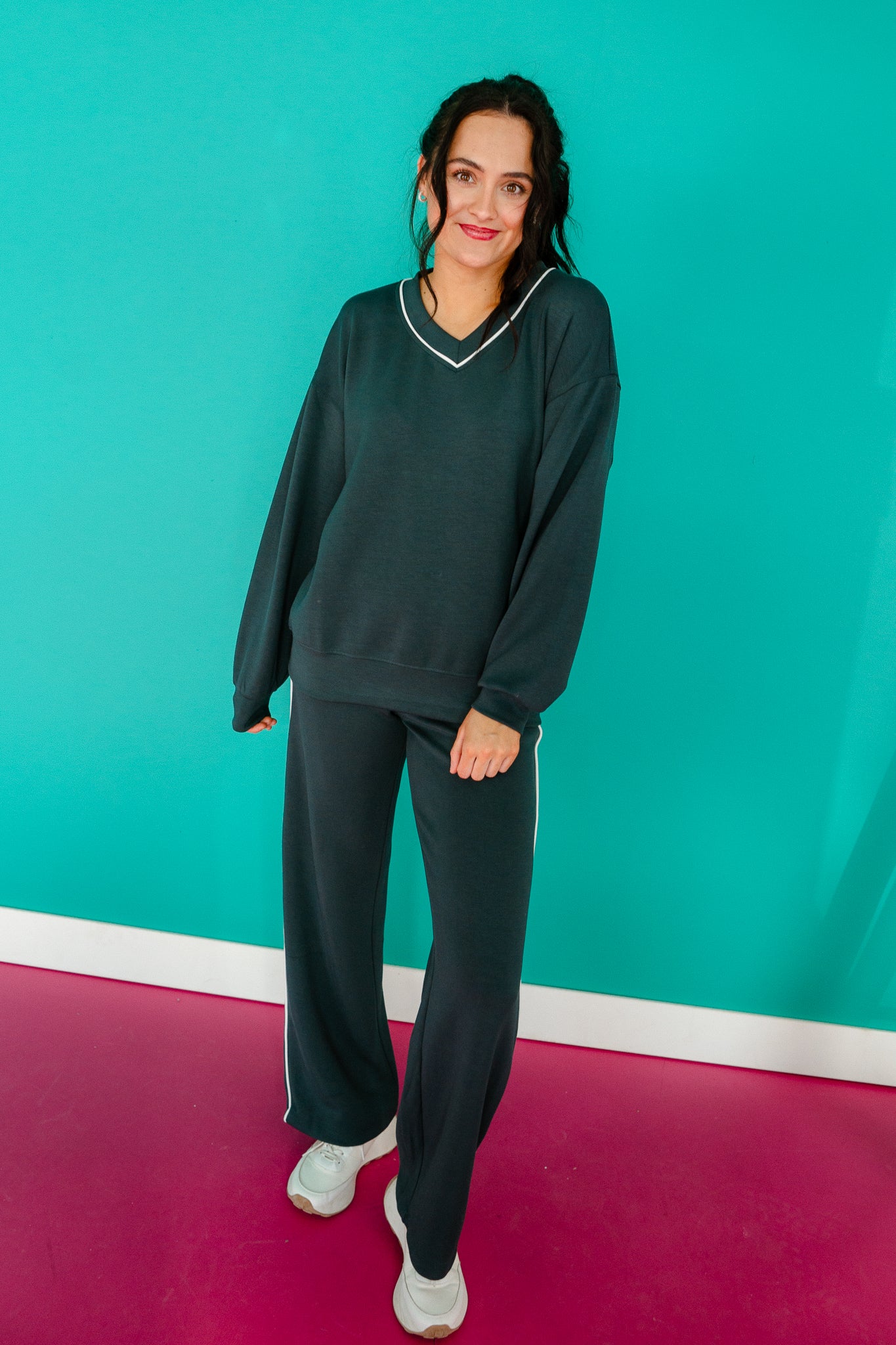 Kessley V-Neck Pullover and Pant Set - Dark Pine