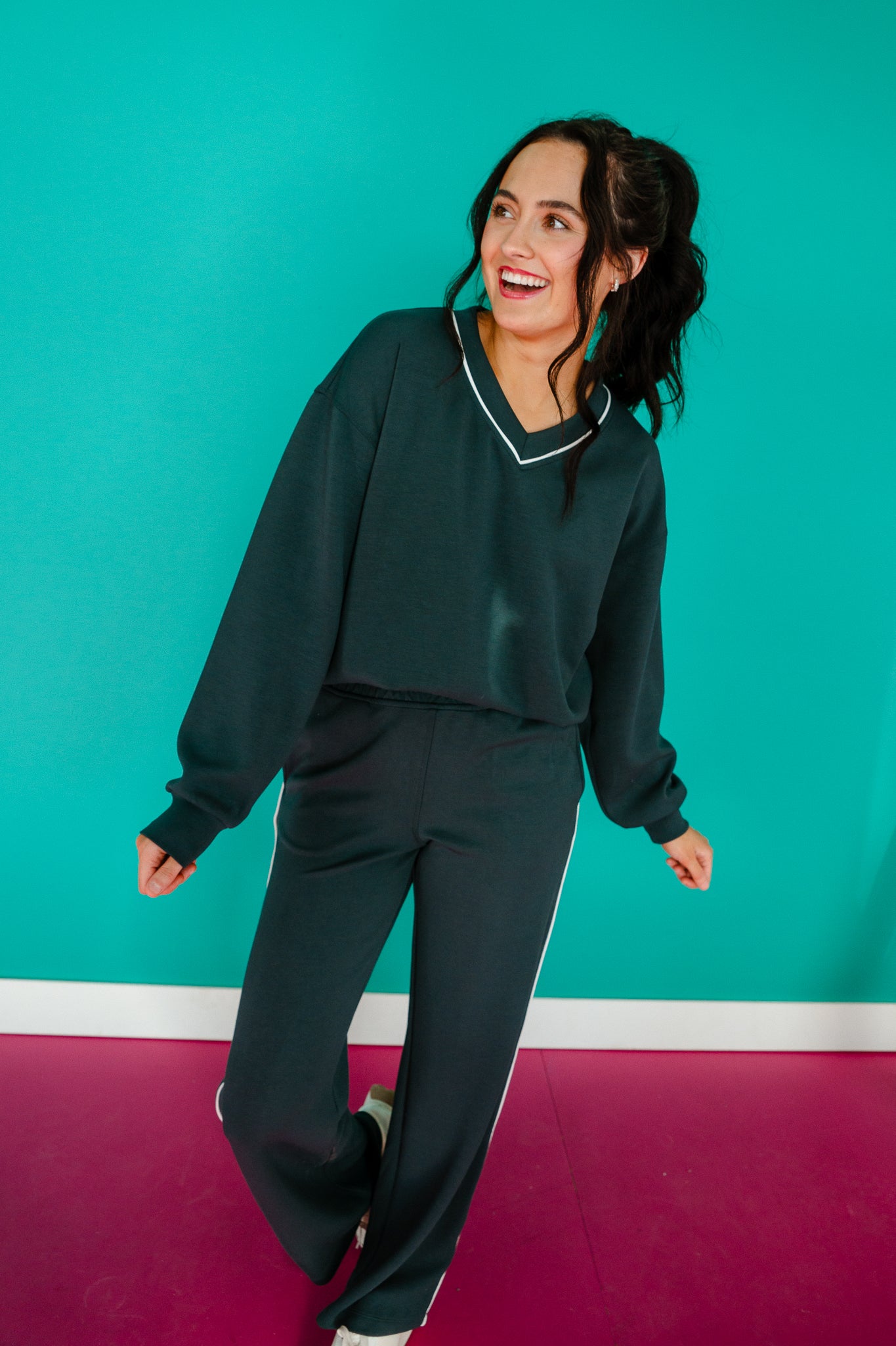Kessley V-Neck Pullover and Pant Set - Dark Pine