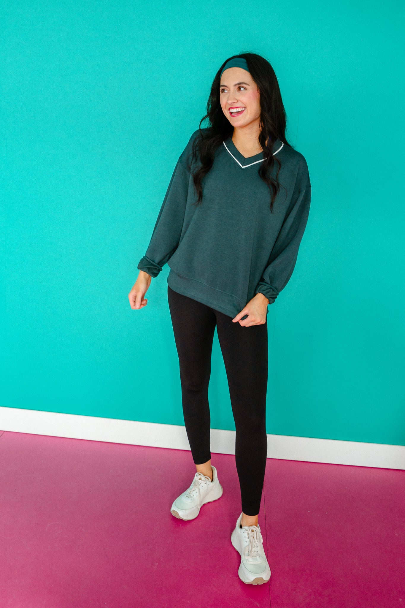Kessley V-Neck Pullover and Pant Set - Dark Pine