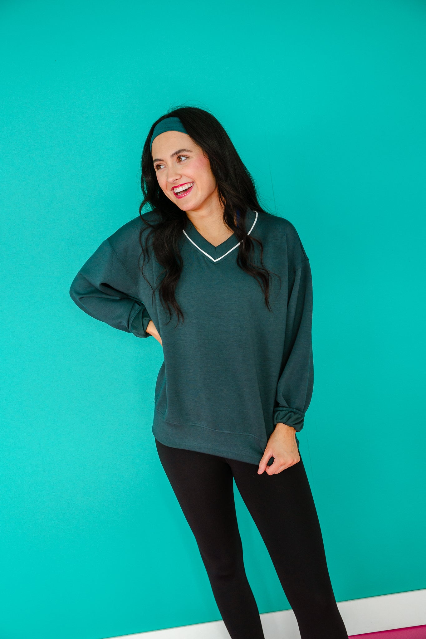 Kessley V-Neck Pullover and Pant Set - Dark Pine