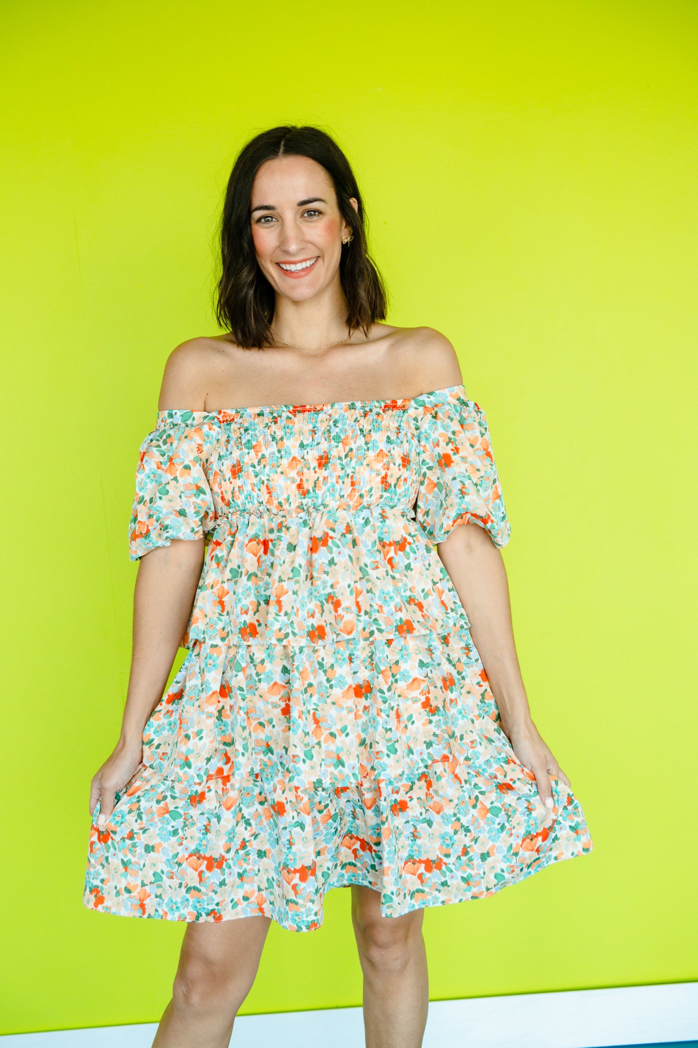 Kimberly Tiered Floral Mini Dress - Apricot