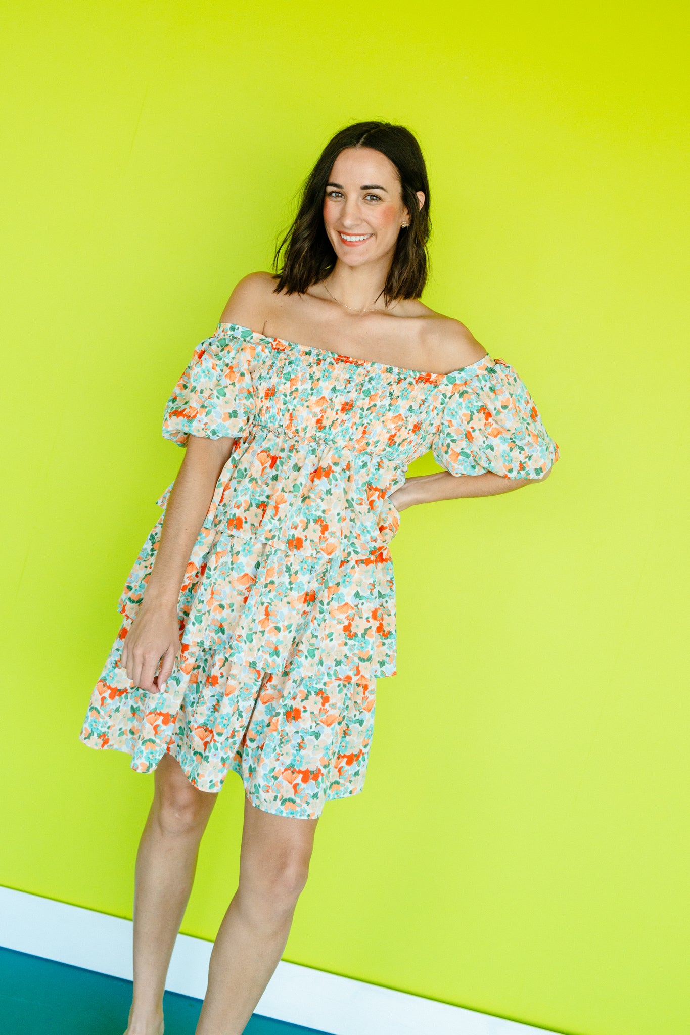 Kimberly Tiered Floral Mini Dress - Apricot