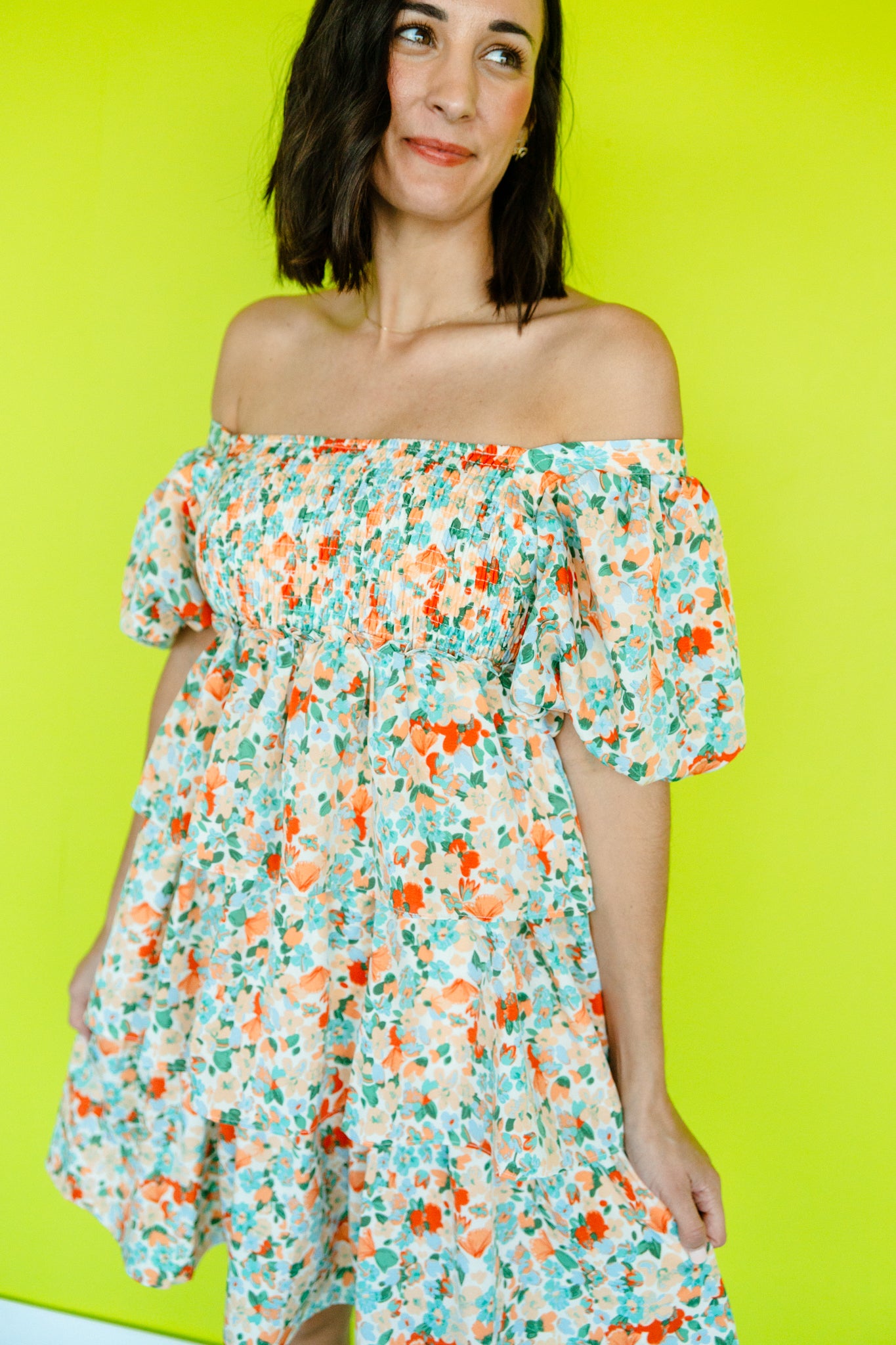 Kimberly Tiered Floral Mini Dress - Apricot