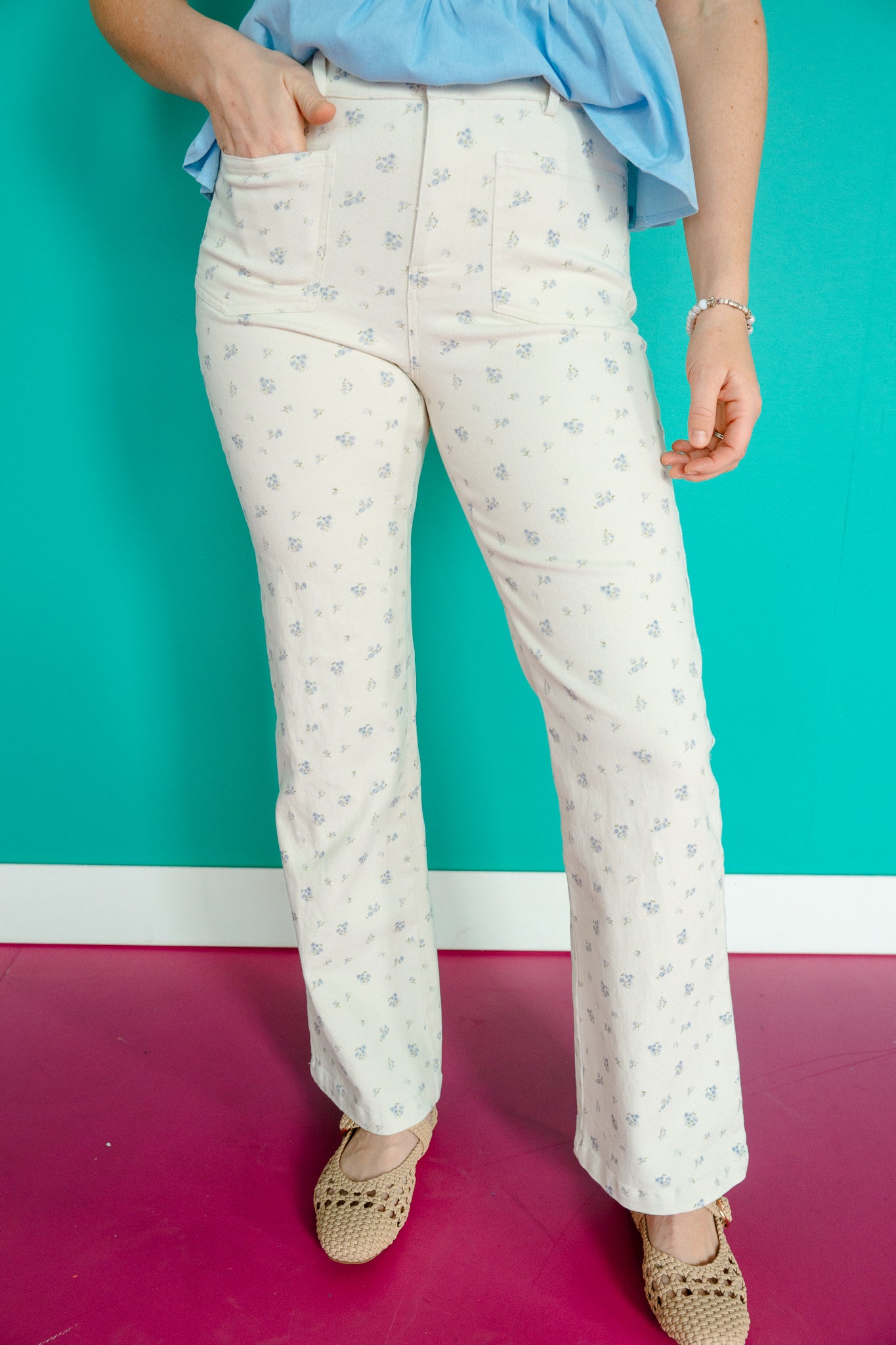 Etta Floral Print Twill Pants - Soft White/Ivory