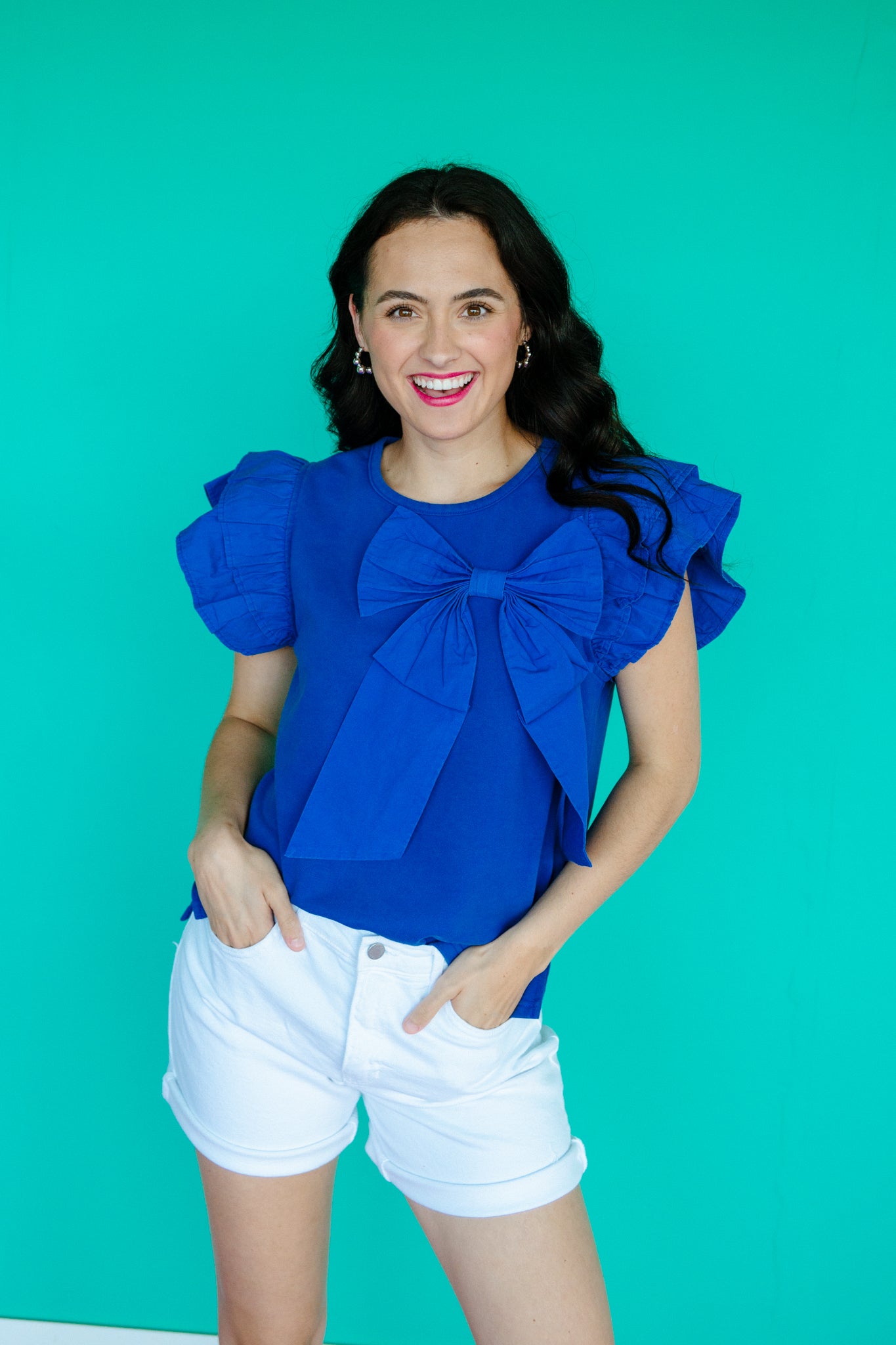 Tasha Ruffle Sleeve Bow Blouse - Bright Navy