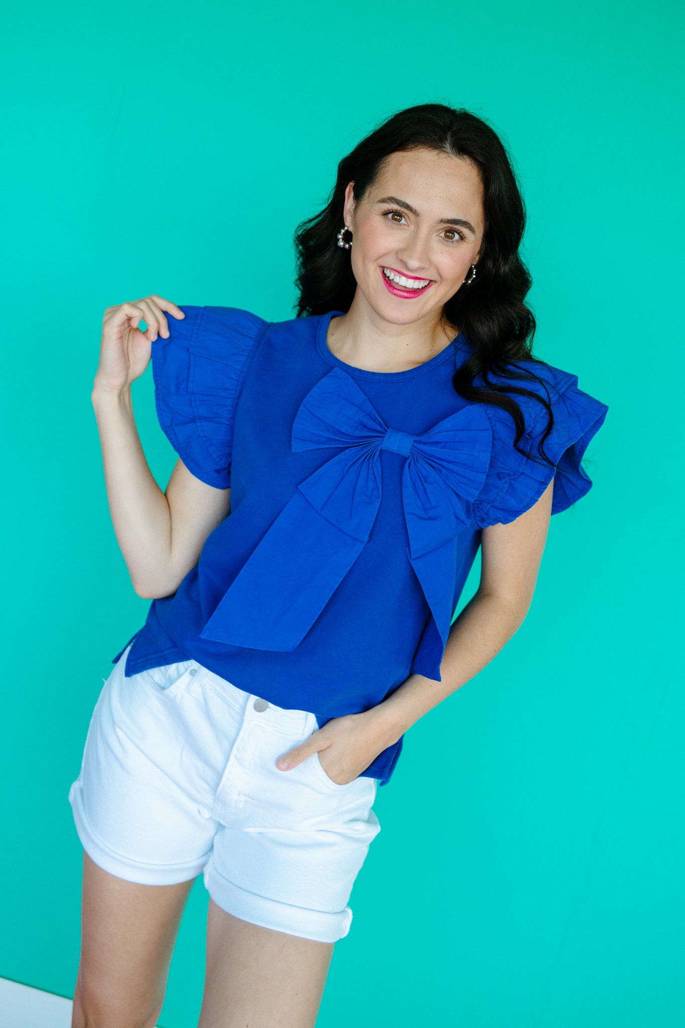 Tasha Ruffle Sleeve Bow Blouse - Bright Navy