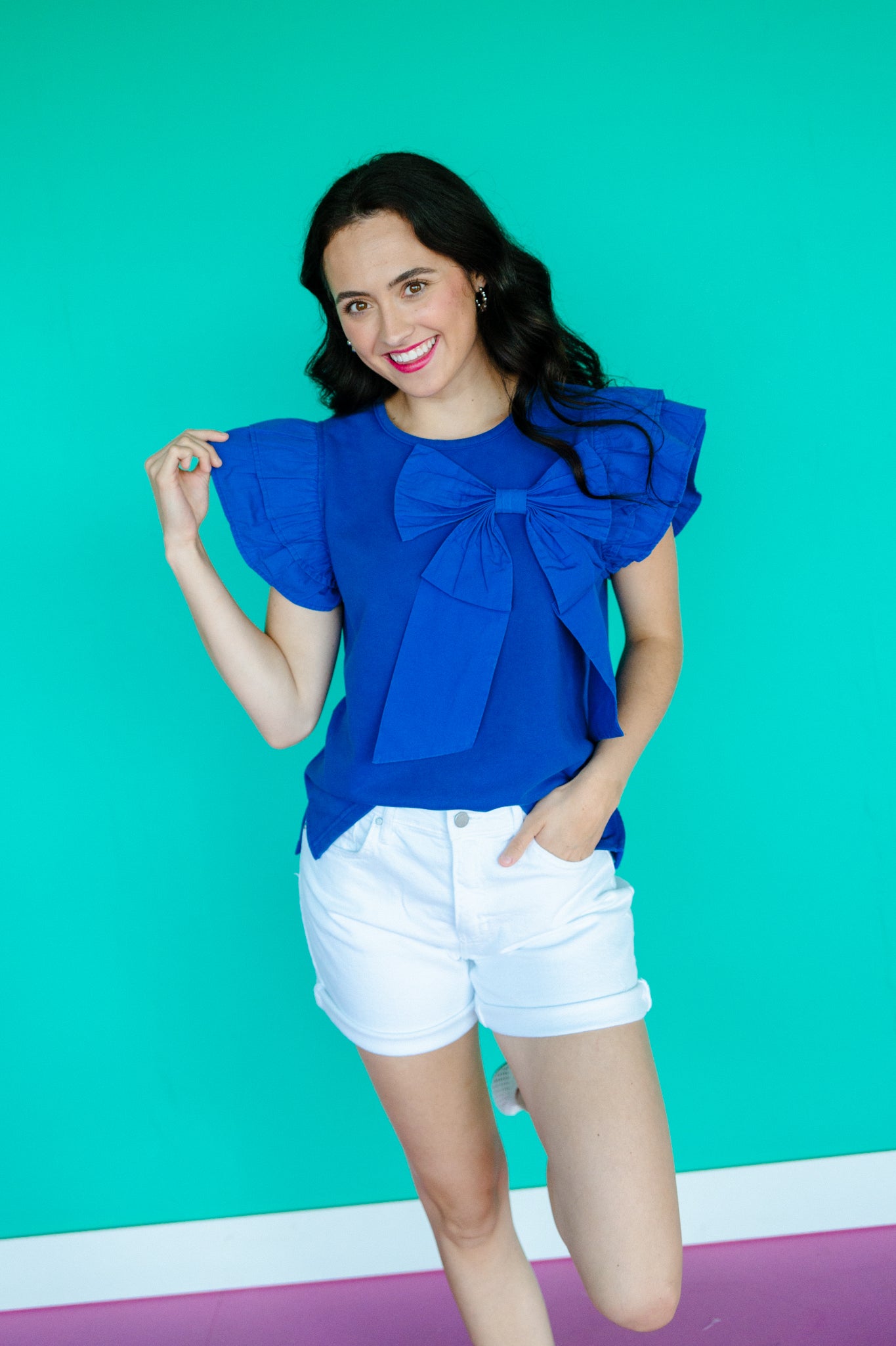 Tasha Ruffle Sleeve Bow Blouse - Bright Navy