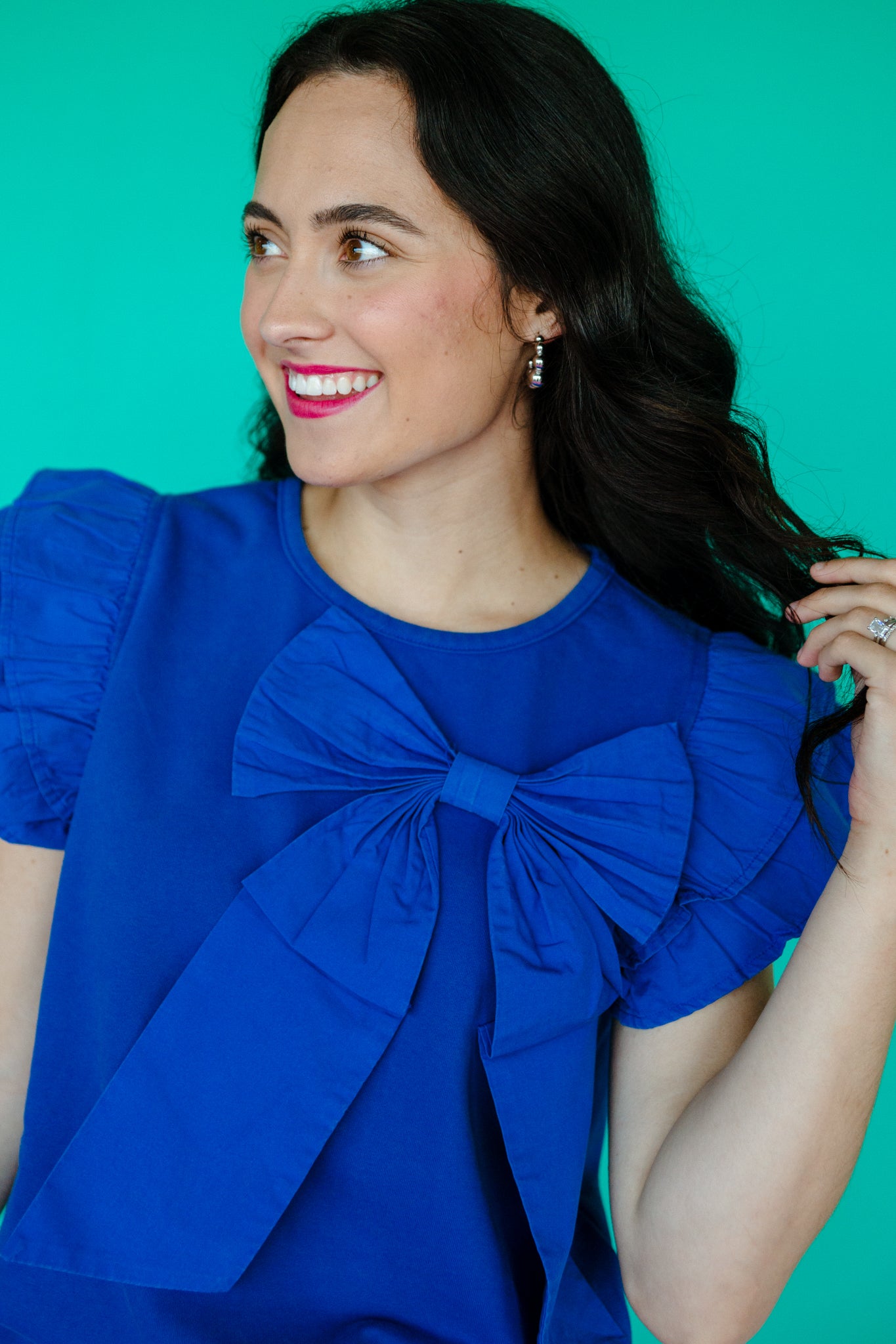 Tasha Ruffle Sleeve Bow Blouse - Bright Navy