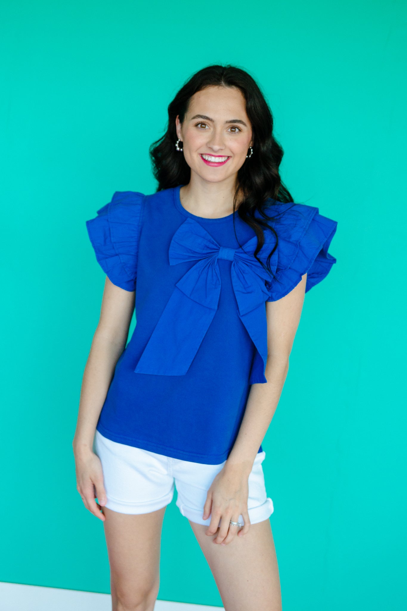 Tasha Ruffle Sleeve Bow Blouse - Bright Navy