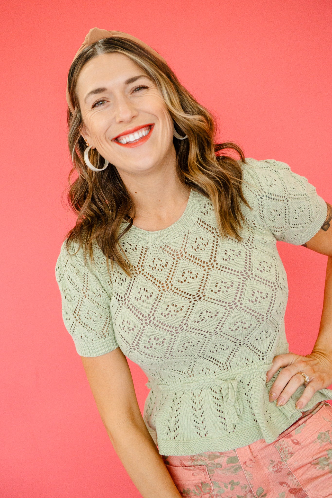 Skyler Pointelle Knit Peplum Top - Light Olive