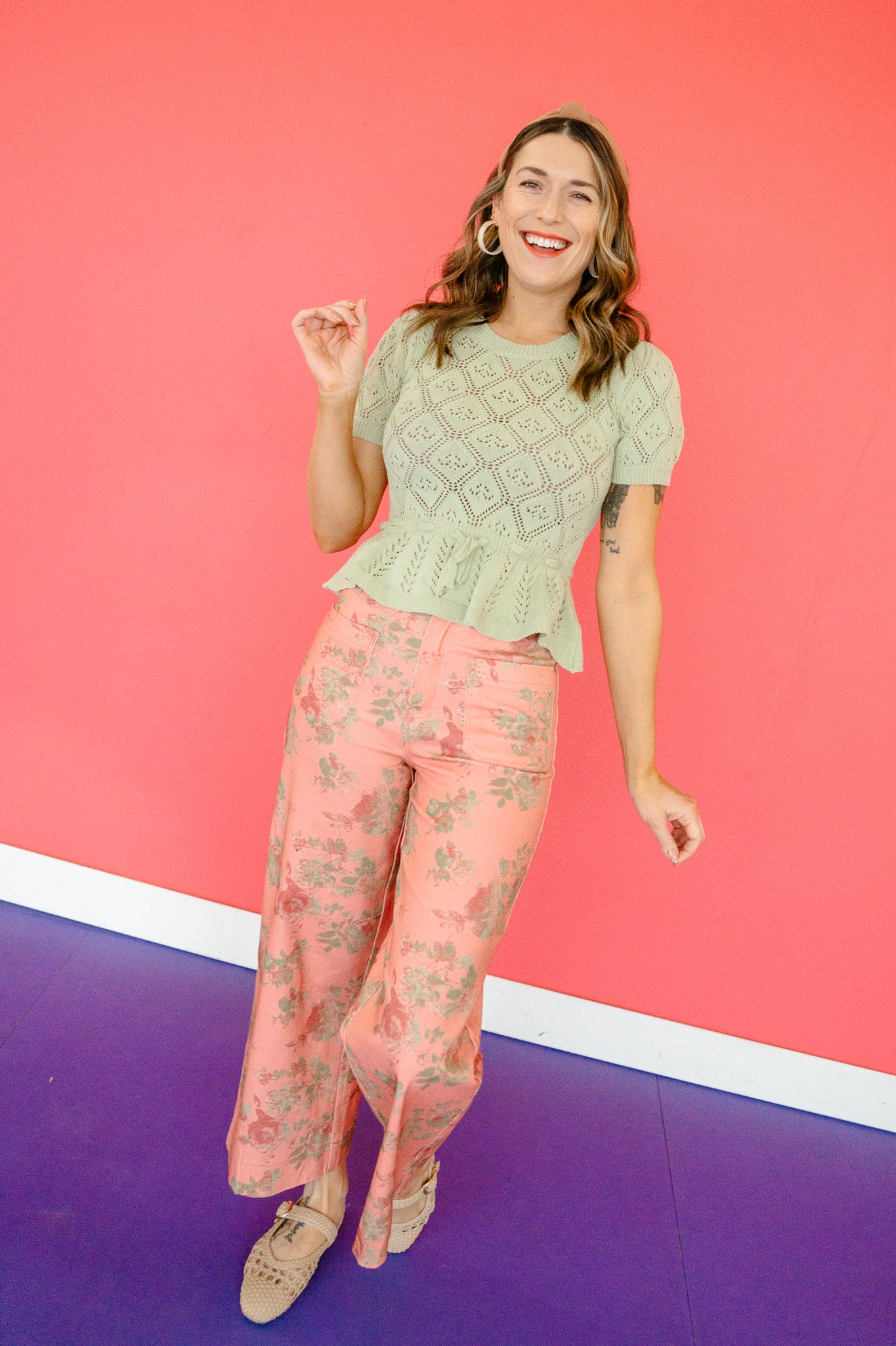 Skyler Pointelle Knit Peplum Top - Light Olive