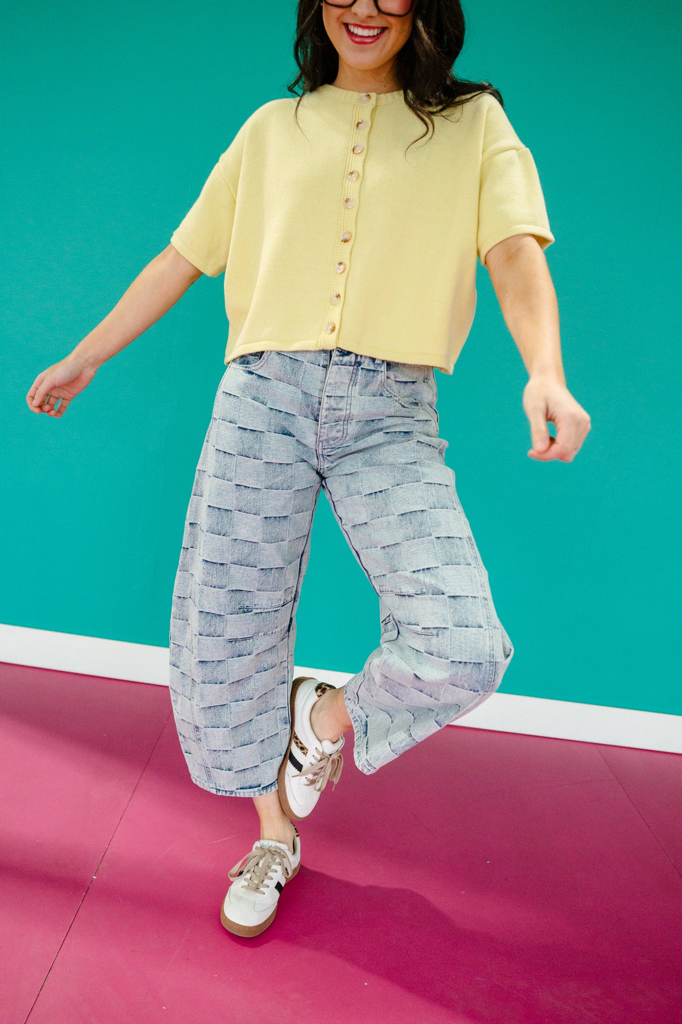 Matilda Checker Print Barrel Jeans - Cool Wash