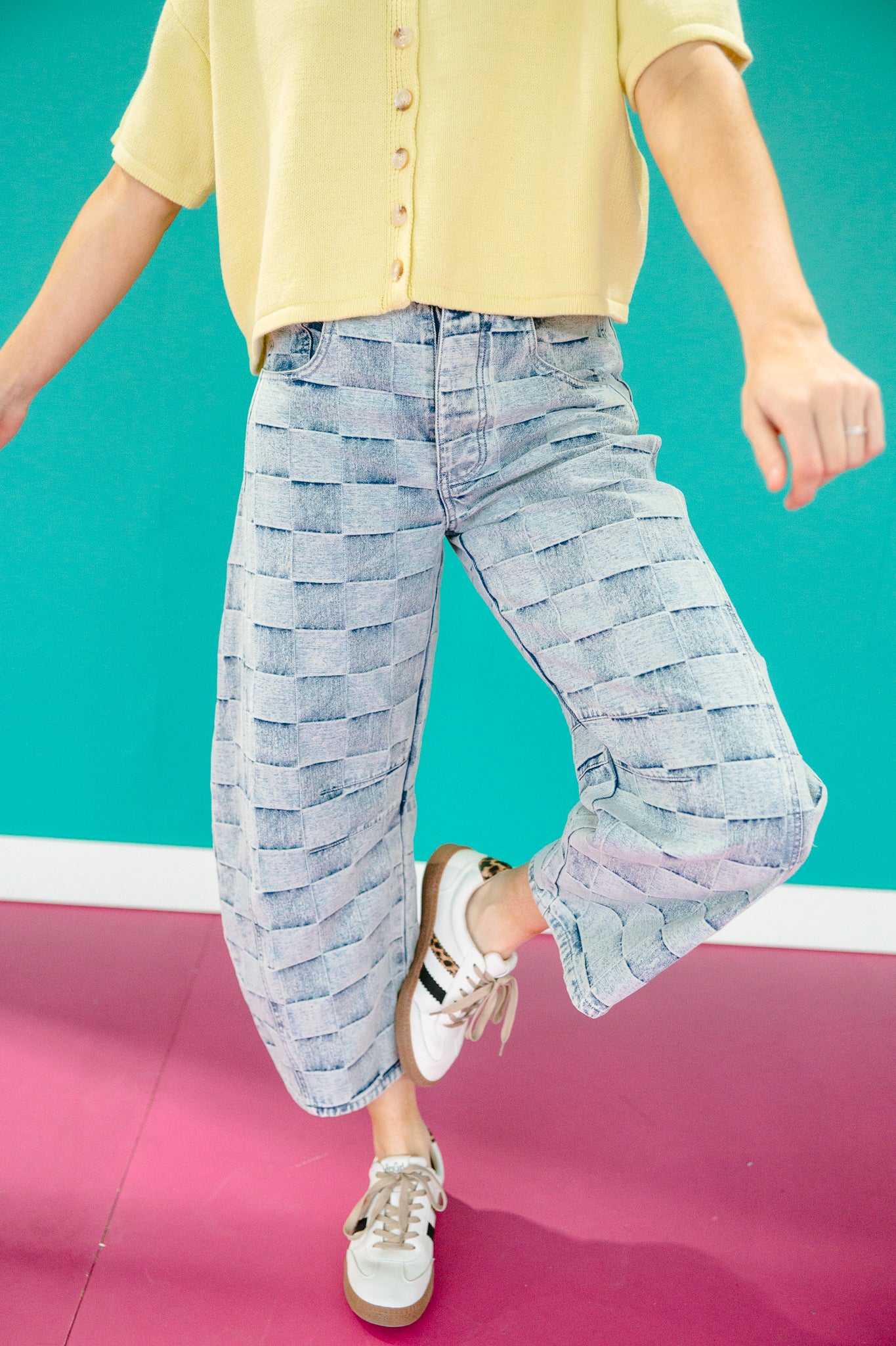 Matilda Checker Print Barrel Jeans - Cool Wash