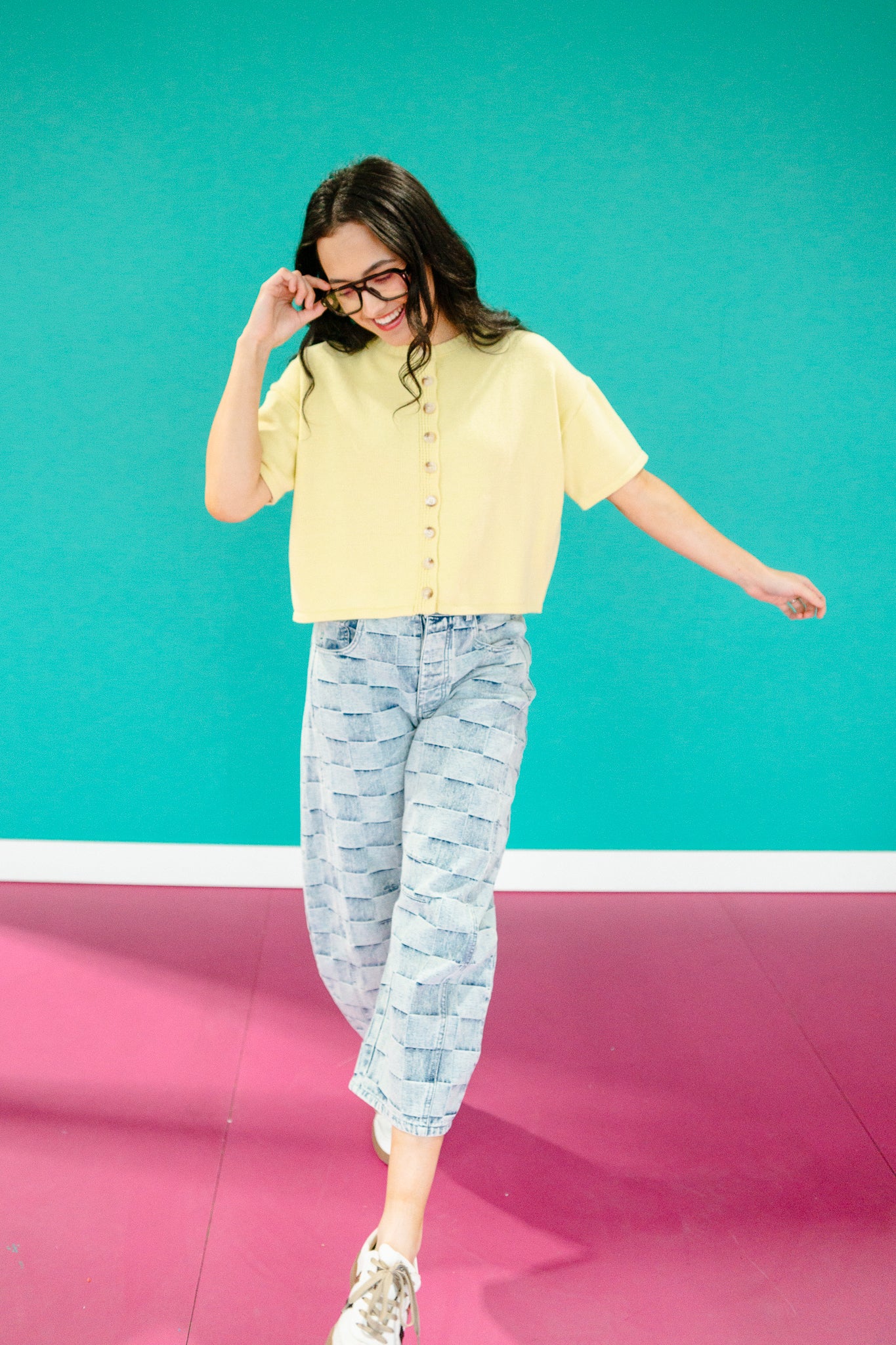 Matilda Checker Print Barrel Jeans - Cool Wash