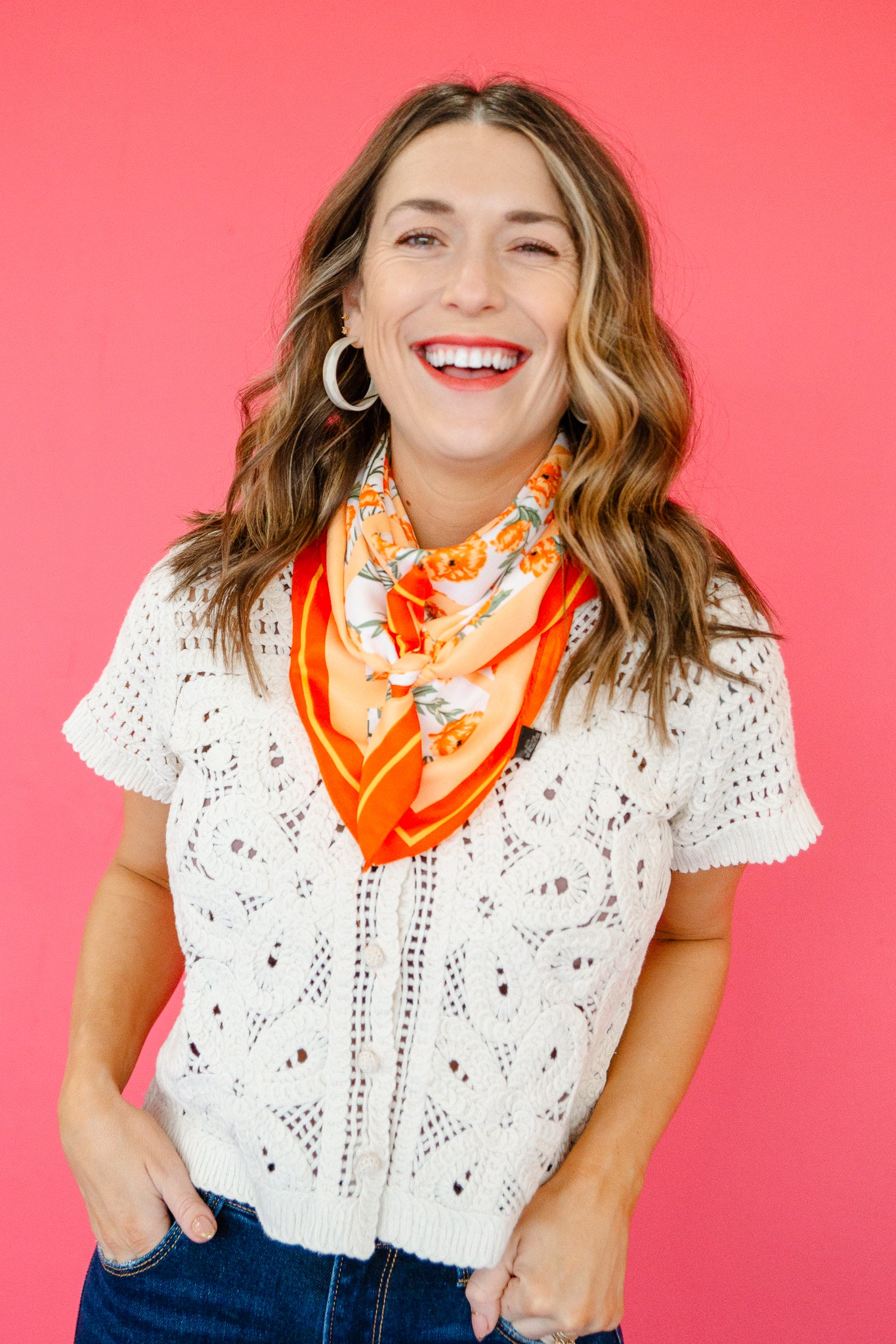 Tandy Oversized Floral Silky Bandana Scarf - Orange