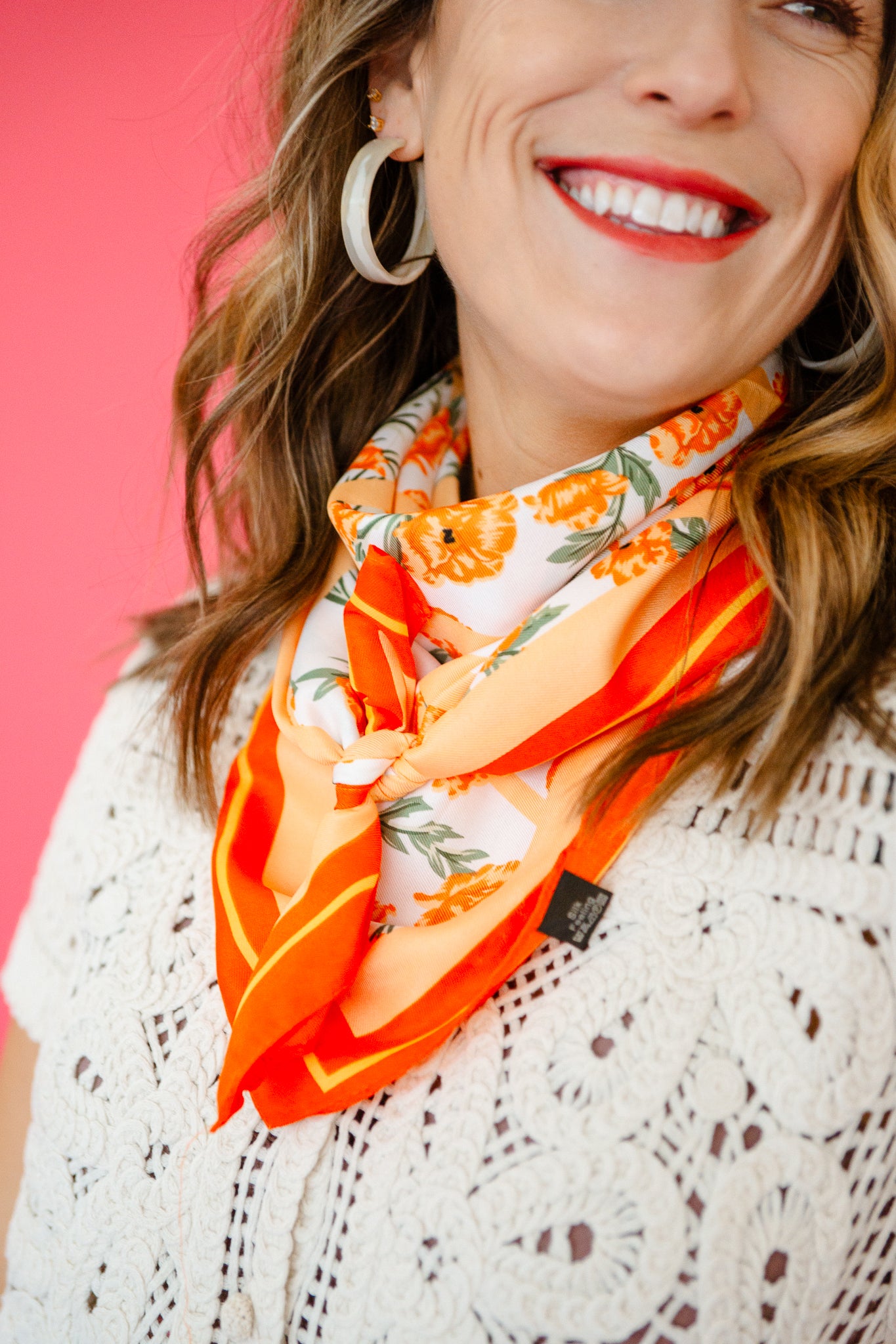 Tandy Oversized Floral Silky Bandana Scarf - Orange