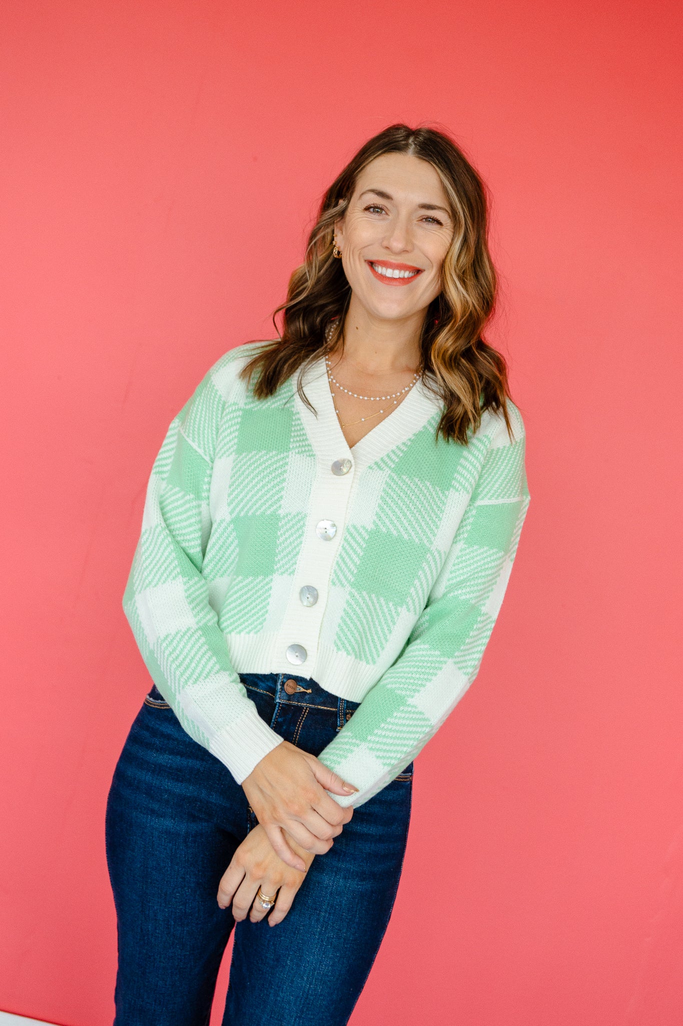 Blake Checkered Cardigan - Cream + Apple Jade