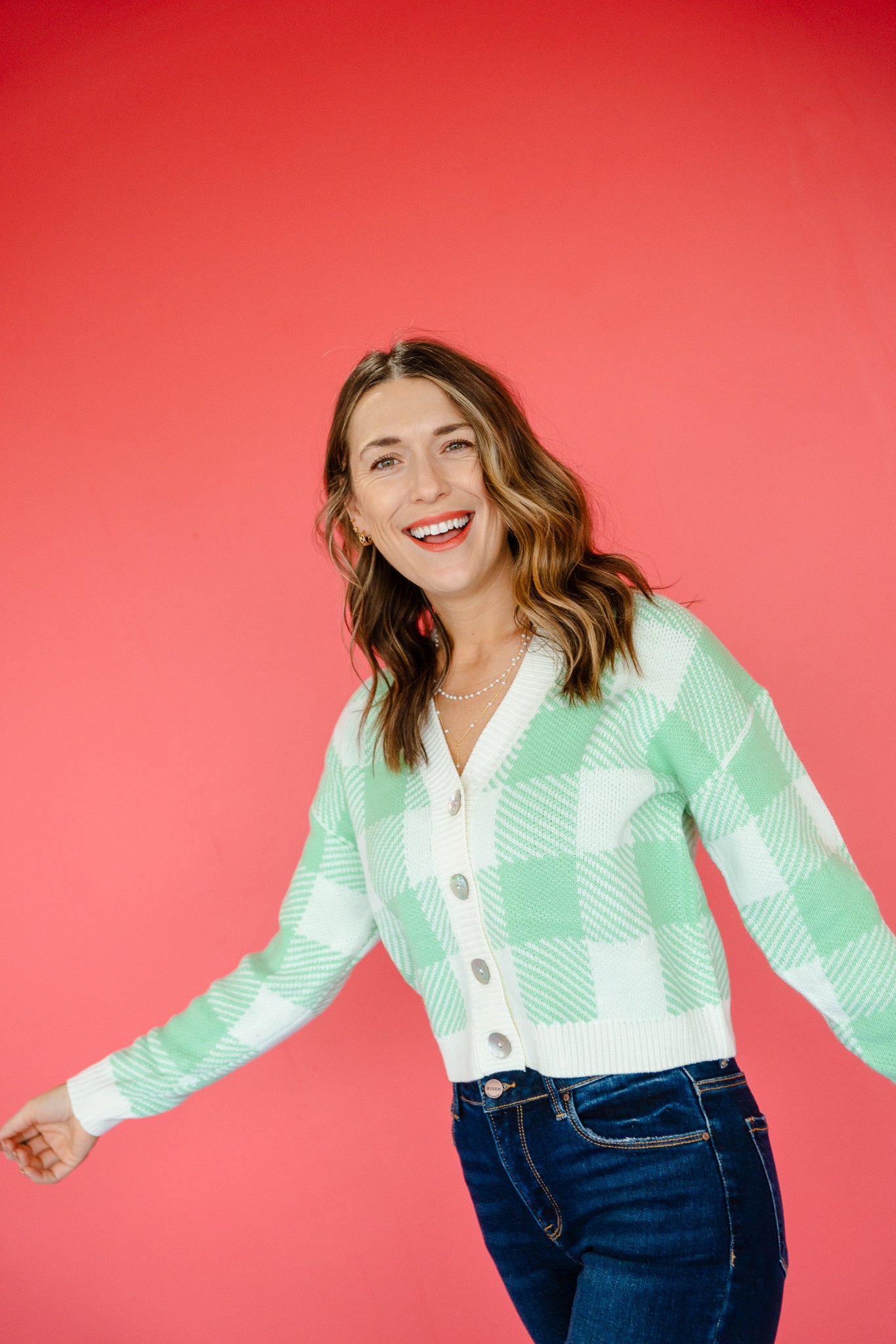 Blake Checkered Cardigan - Cream + Apple Jade