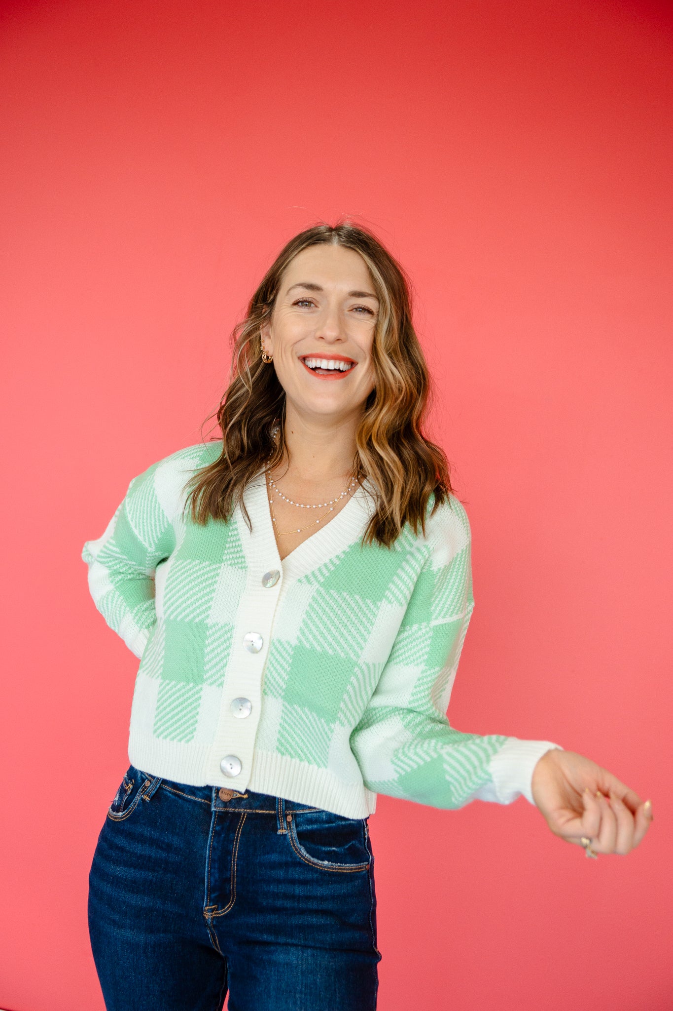 Blake Checkered Cardigan - Cream + Apple Jade
