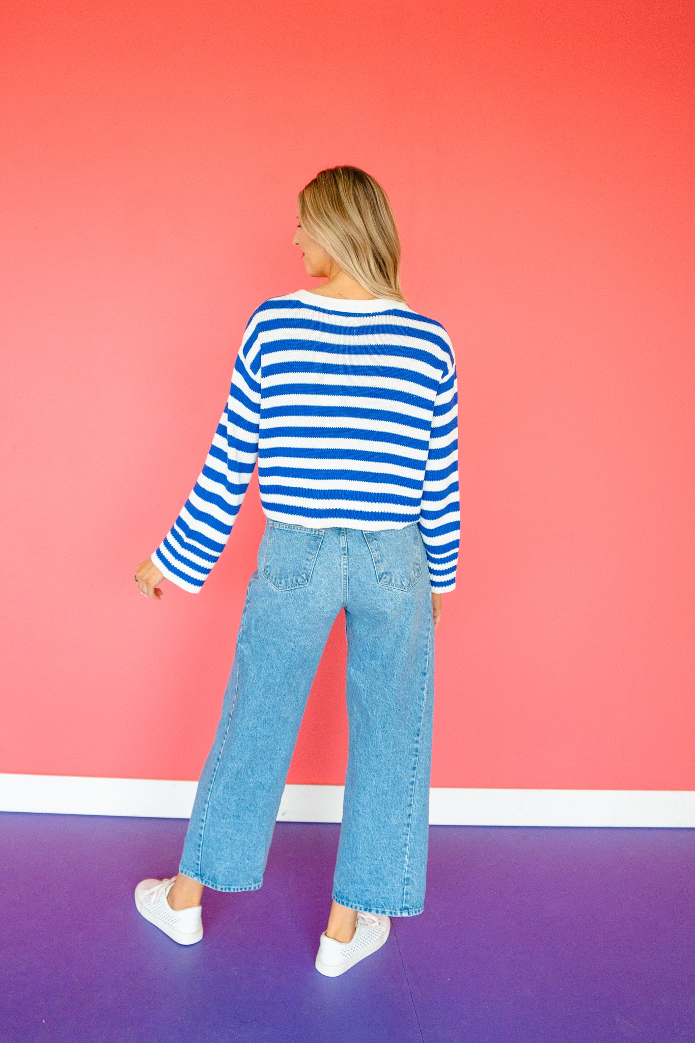 Halley V-Neck Cardigan - Bright Blue + White