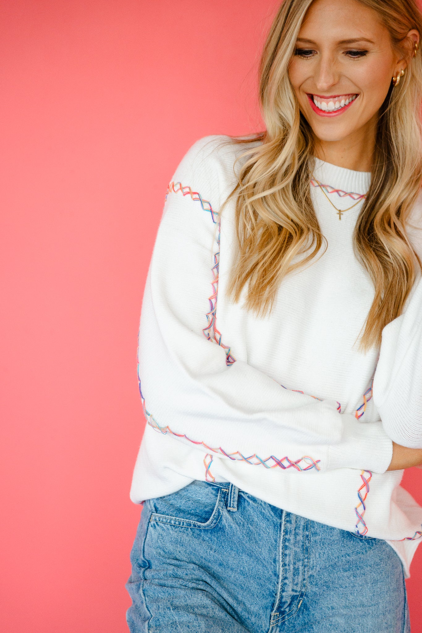 Laney Color Block Stitching Sweater - Cool White