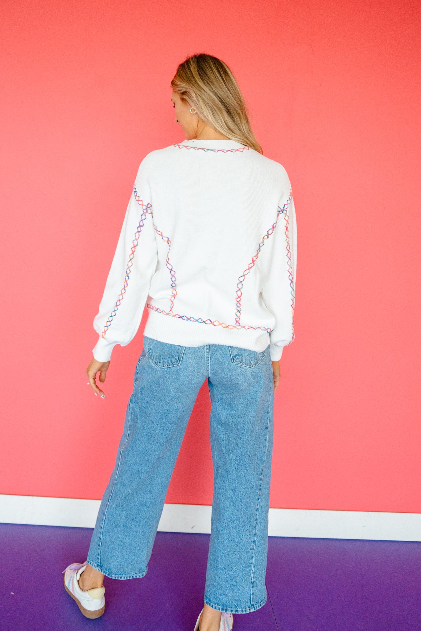 Laney Color Block Stitching Sweater - Cool White