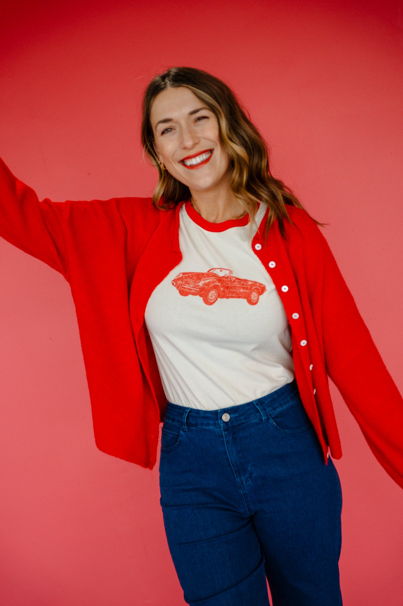 Adeline Graphic Tee - Beige + Red